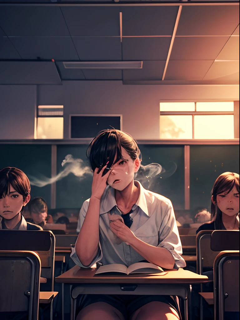 smoker(orthofacial,The face is obscured by smoke,Sit in the middle of the classroom),Classroom scene(frontage),Classroom smoke lingers,Filled with classmates(Face the smoker,Expression of anger,Expression of disgust)