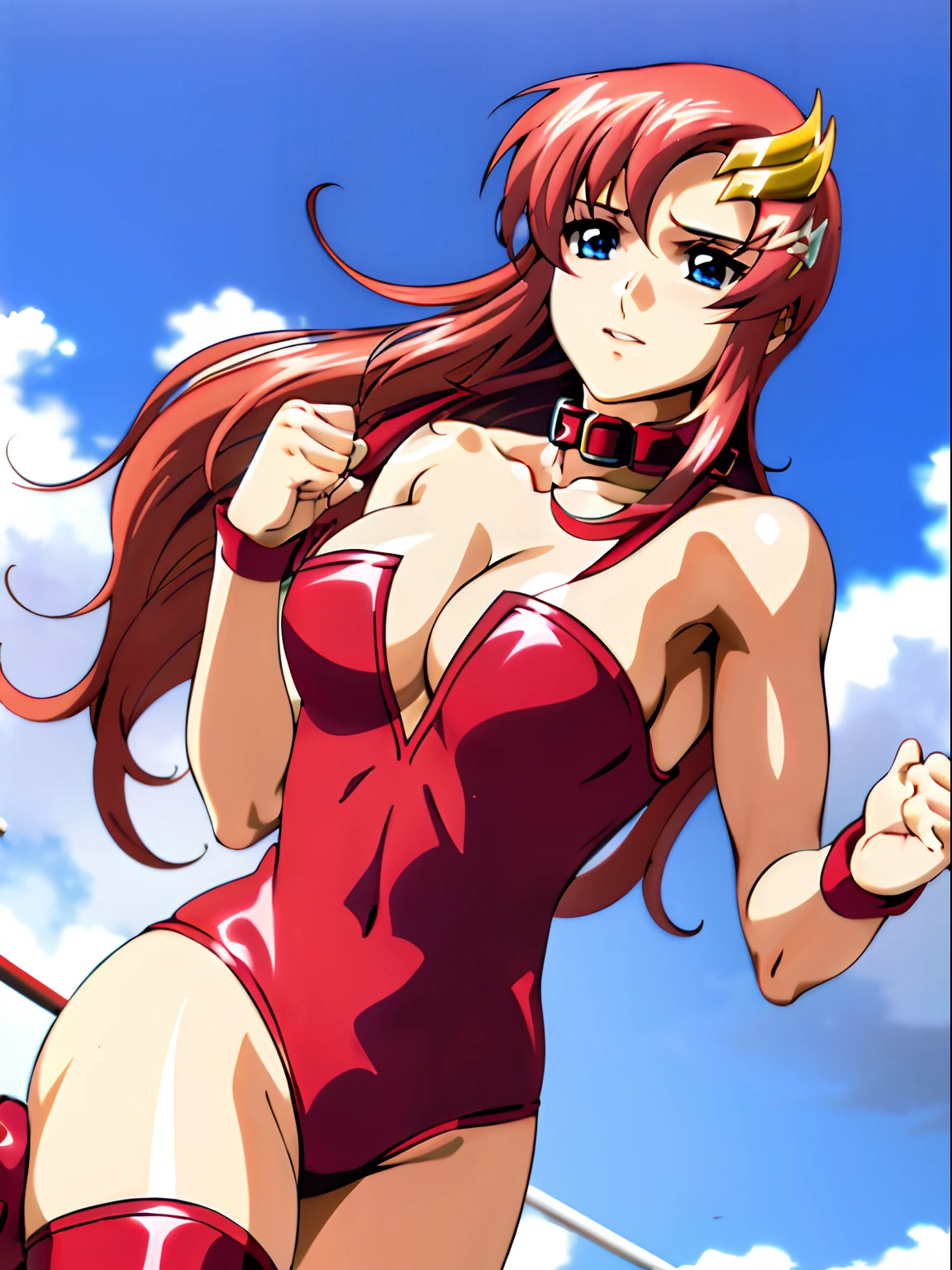 solo, (((red strapless wrestling outfit, collar, red boots))), (upper body view, big mouth, Best Quality, Anime style: 1.9, Adult Woman, (cloud background), Anime, lacus4), 1girl, Solo, 鎖骨, (very long hair, wide bangs, Hair Ornament, Detailed reddish-pink hair, golden crest), large hands, (blue eyes), ((little biceps, slender body, hourglass figure, broad shoulders, closed fists)), ((perfect proportions, medium breasts, cleavage, long belly)), (((mini red wrestling outfit))