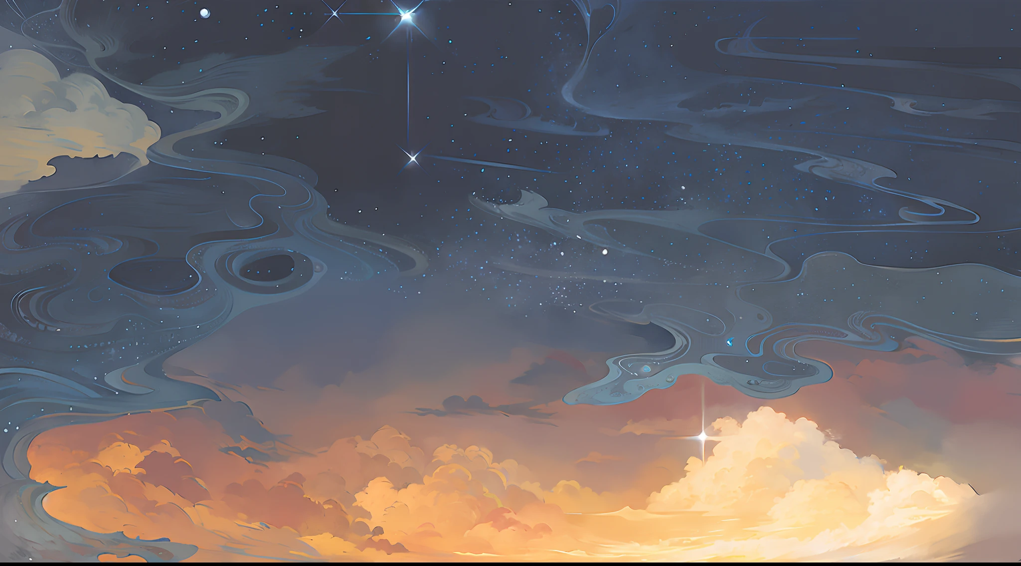 There is a painting，This painting,Cosmos Sky. By Makoto Shinkai, inspired by Tosa Mitsuoki, an illustration of inspired by Victo Ngai, A beautiful artwork illustration, calm evening. Digital illustration, brittney lee, dreamlike illustration, Star(sky) Starry_sky, sky, Detailed sky, sitting on the cosmic cloudscape，Tanabata，There is a bridge，There are many petals next to it