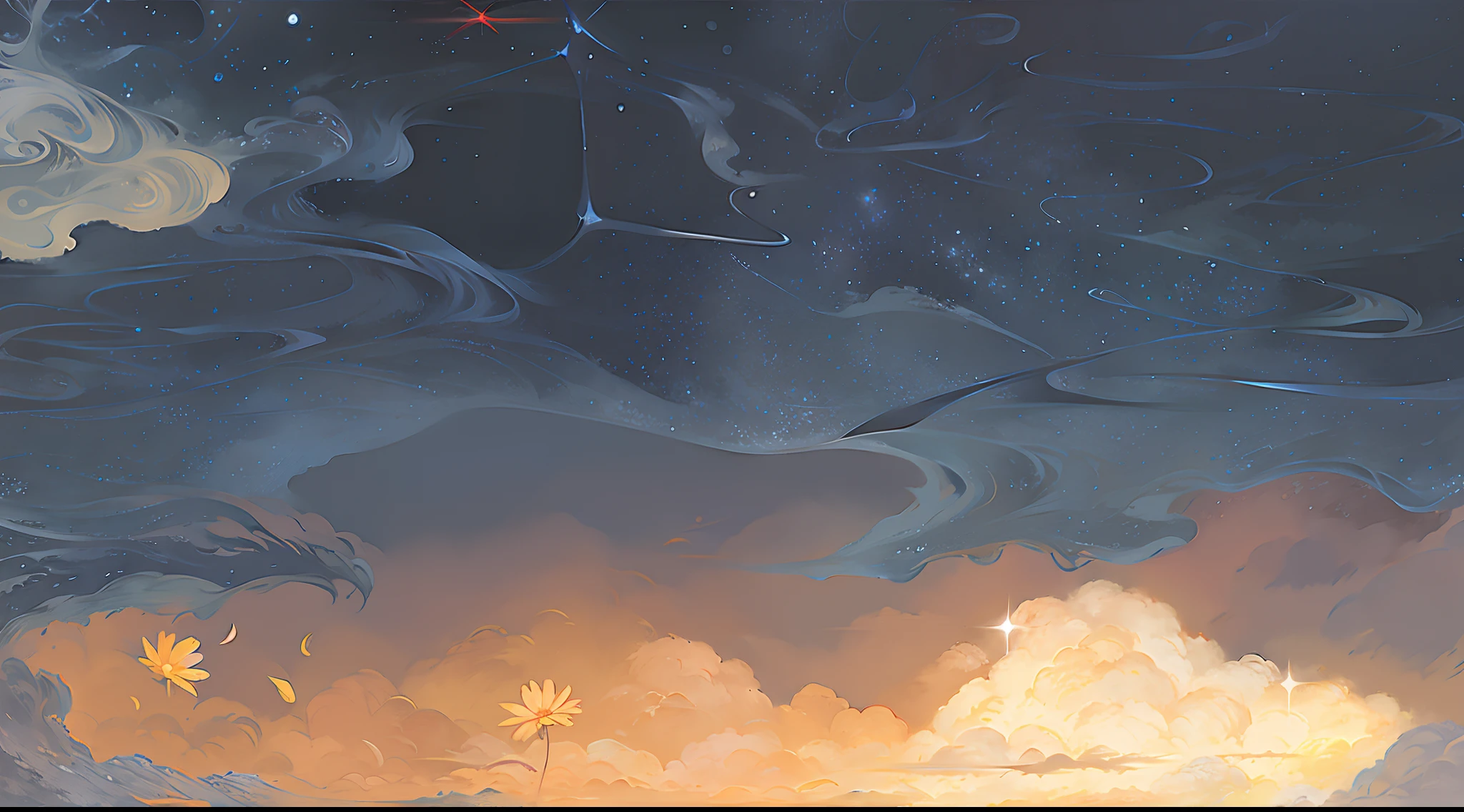 There is a painting,This painting,Cosmos Sky. By Makoto Shinkai, inspired by Tosa Mitsuoki, an illustration of inspired by Victo Ngai, A beautiful artwork illustration, calm evening. Digital illustration, brittney lee, dreamlike illustration, Star(sky) Starry_sky, sky, Detailed sky, sitting on the cosmic cloudscape,Tanabata,There is a bridge,There are many petals next to it