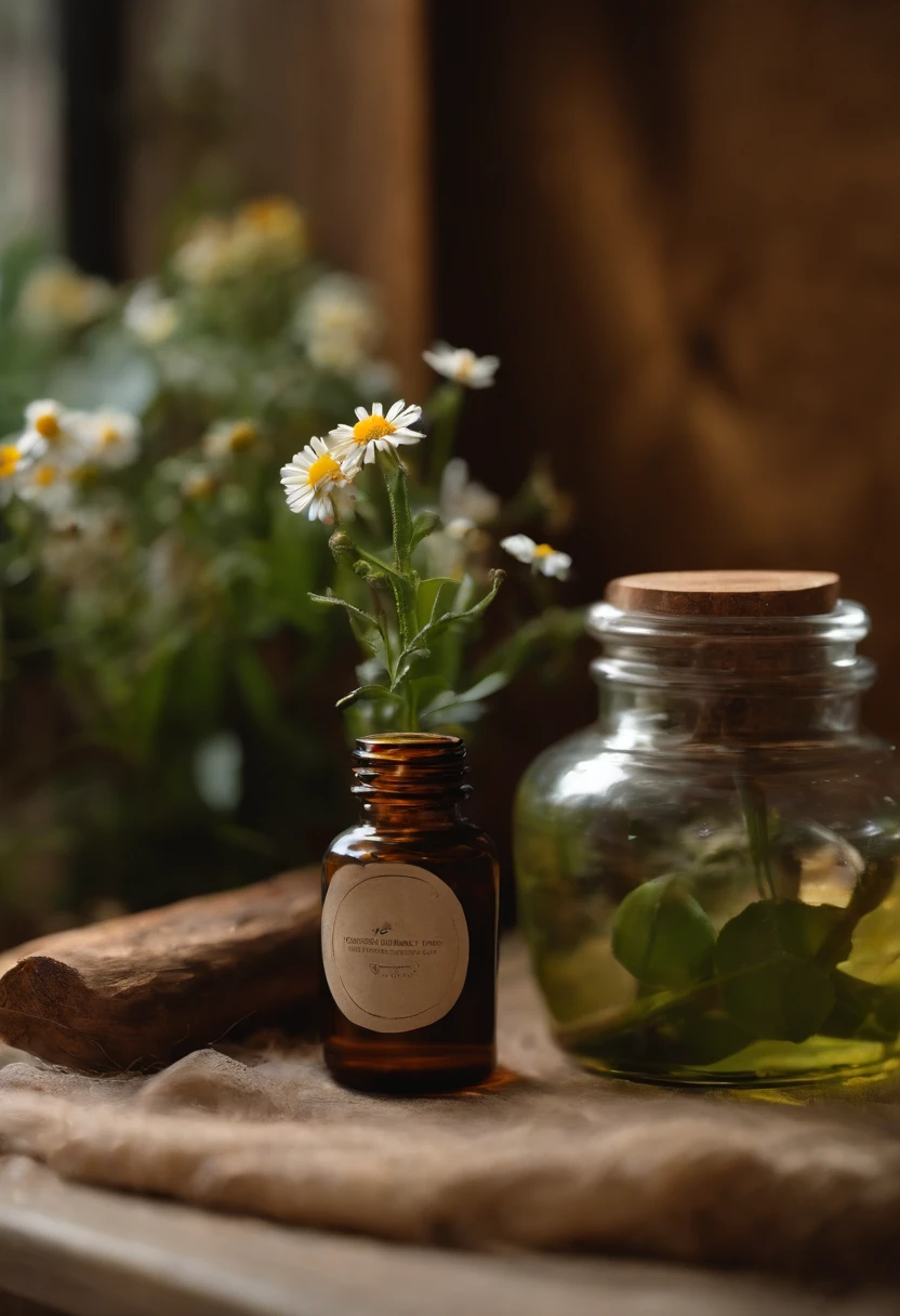 fotografia do produto、Skincare、Yellow bottle on logs、small daisies、Simple and clean background、studiolight、centered composition、closeup cleavage、k hd、8K、Surreal style、--ar 3:4 --v 5.2 --s 50