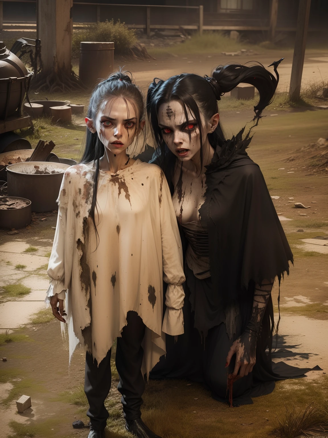A very pal humanoid character, with red eyes, her name is (The Englewood Witch), she is crazy, nuts, horror, she is creepy, she is scary, shock value, very evil, she is skinny, evoke, fear, terror, dread, decay, disgust, she is a Psycho, dark, unusually thin, thin, scraggly, emaciated, twisted, frightening, sick, dark background, long white_dress, gore, bloody_hands, solo, close up, (messy_long_dark_hair), fog, evil eyes, eyes glowing, fire in the background, (she is wearing a very dirty old torn_white_dress), covered in slugs