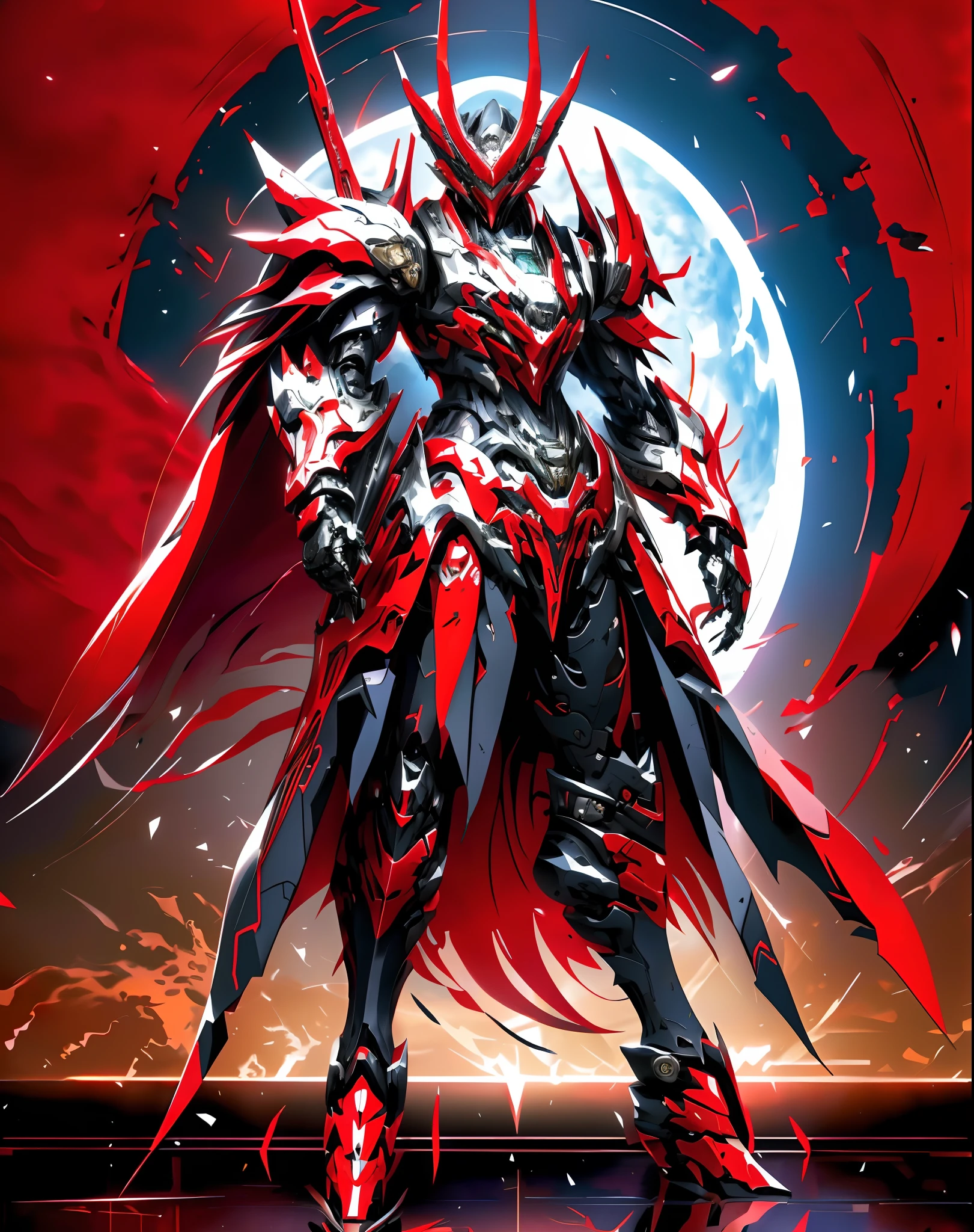 Anime characters wearing a red cloak and sword before the full moon, Badass anime 8 K, high quality warframe fanart, exquisite warframe fanart, Anime epic artwork, Anime art wallpaper 4 K, Anime art wallpaper 4k, anime mecha aesthetic, Onmyoji detailed art, detailed warframe fanart, High quality digital concept art, Dragon Knight, Red armor, (solo)