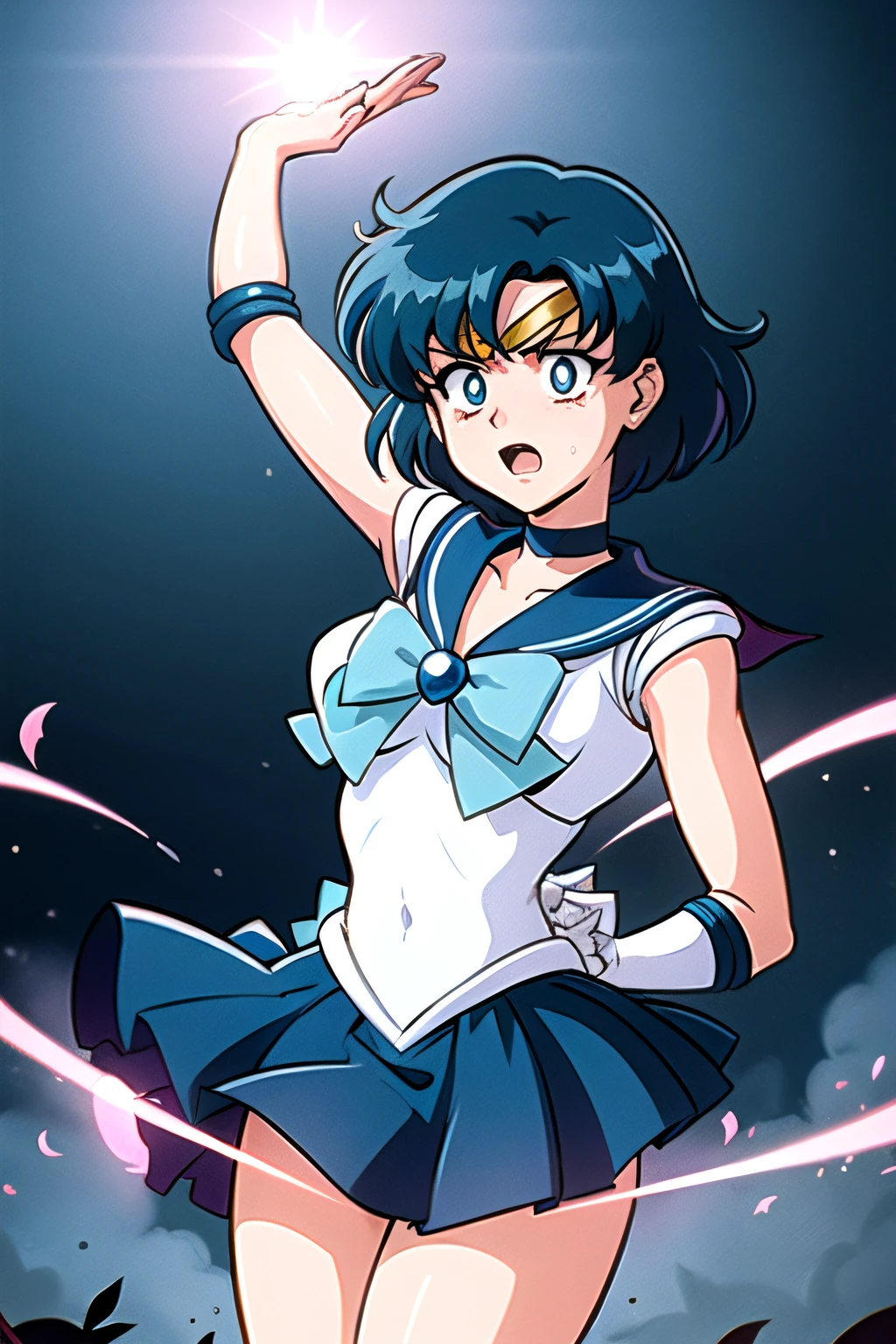 (top-quality:1.3), (​masterpiece:1.4),(Anatomically correct), (Full limbs),(complete fingers),(Precise fingertips), (Fine details),(8K),Photorealista,Sailor Moon!!!!!!!!, Sailor Moon Style,by Sailor Moon, Sailor Senshi Uniform,(Sailor Mercury:1.25),aqua eyes, Dark green hair,raw, 1 girl, ((rage)), Color Theme Red, Dramatic light, Violence Everywhere, Bloody destruction of corpses in the background, Dark and blurry background, (angry expressions:1.4), (Raging Eyes:1.2), ), Mental breakdown, intimidation, Ways to harm, (irate:1.4), revenge, rage, destruction, murder, Maniacal,magician, spell magic, Magic Circle, ((magic in hand)),(using light magic:1.4),water magic, imaginative overlays, artistic fusion,fantastical scenes, evocative narratives, striking visuals,((Depth of field and blur)), ((watercolor paiting)), Large breasts, Bare shoulders, Flowers and petals, Conceptual diagram of Bevera , (White background:0.5), (Illustration :1.1), (Very thin and beautiful: 1.1), (perfect  detail: 1.1) Doodle style background, liberta, souls, Digital Illustration, Perfect Anatomy, Centered, Approaching perfection, Dynamic, Highly detailed, Watercolor painting, art  stations, Concept art, Smooth, Sharp Focus, Illustration,(Fighting Pose:1.25),((Magical Dark Forest :1.2)),at the sunset, a moon, ((Strong dark shadows recommended for the scene:1.2)), Golden flowers ,((glowing butterflies )), Beautiful magic style, Golden Water Reflection,Fierce, concept-art, Digital Painting,