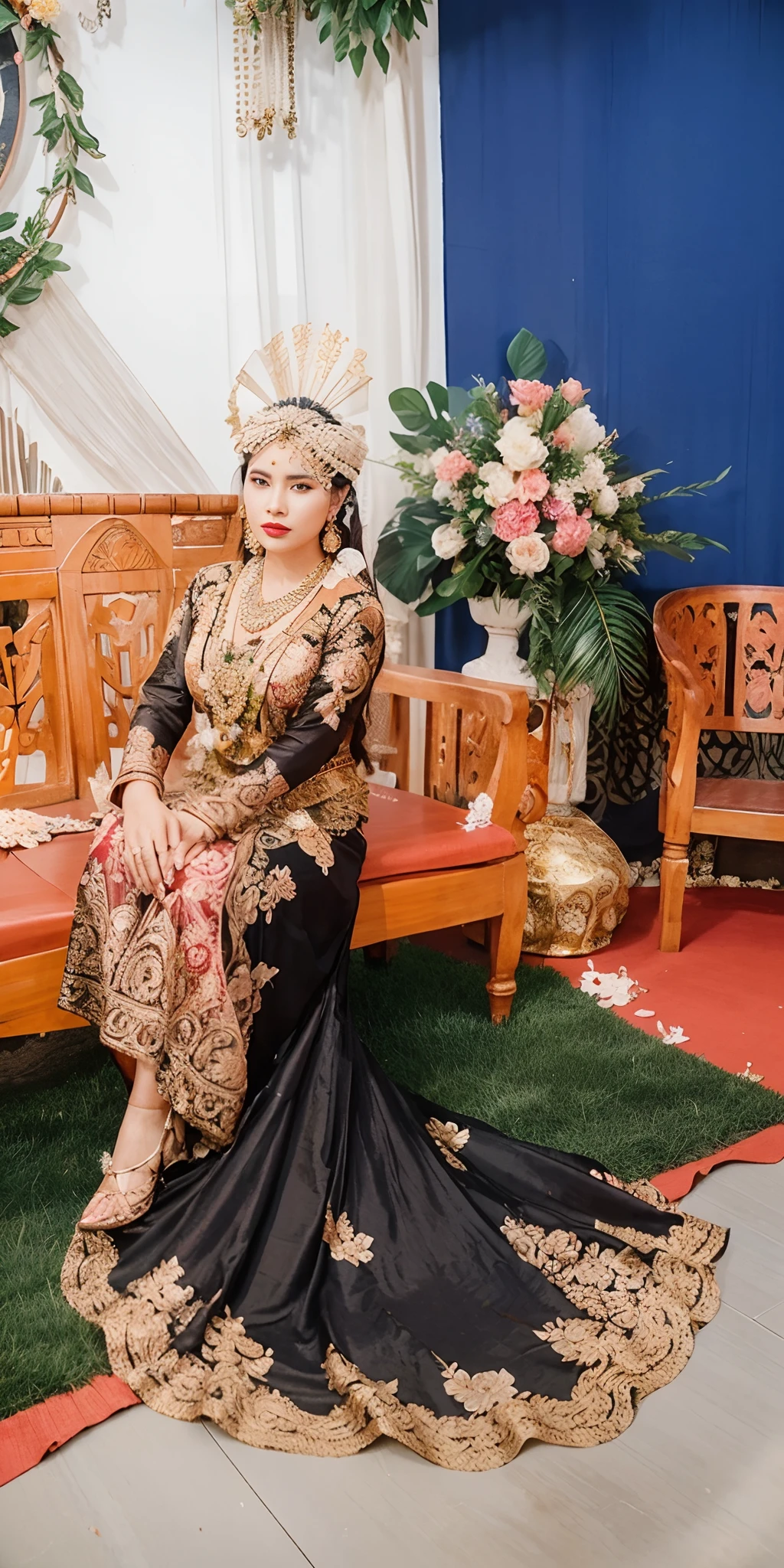 photography, woman,  java wedding woman in black kebaya dress traditional and batik skirt, looking at viewer, jewerly and hair on hair, red lipstick, golden necklace, earrings, ornate, detail, flowers, blurry background, soft focus