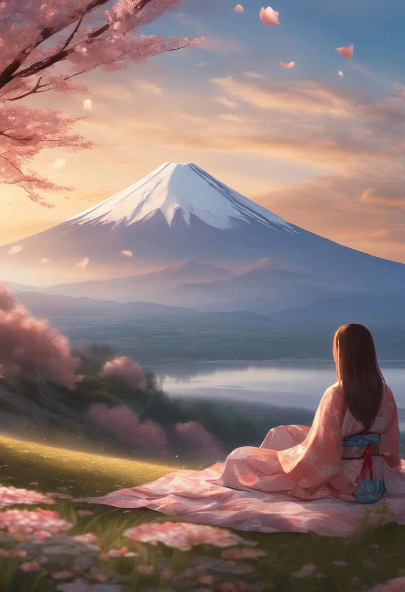 Best Quality, masutepiece, Extremely detailed, Detailed background, Detailed eyes, Anime, 1girl in, Beautiful eyes, Young Girl, a girl with long hair, expressive faces, Kimono, Retro, Mt. Fuji Scape, Outdoors, Sunset, Beautiful sky, Picnic on the lake, landscape, Scenery, Horizon, Mountains sitting near mountains, Wind, flower petals, spring, Looking away, Atmospheric lighting, reflection, Naturalistic, detail, Realism. Relaxation, Beauty, Solo Focus, close up, From Side, depth of fields, Bokeh