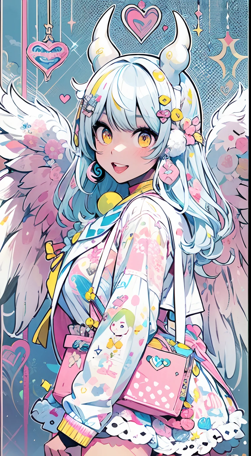 grayscales、grayscales、"kawaii, Cute, Adorable Lady in Pink, yellow, and baby blue color scheme. She wears sky-themed clothing with clouds and sky motifs. Her outfit is fluffy and soft, With decora accessories like hair clips. She embodies a vibrant and trendy Harajuku fashion style." White hair, Red Eyes, Horns, Demon Wings, Colossal tits,Big ass, Big lips, juicy lips, Huge hair, Smile