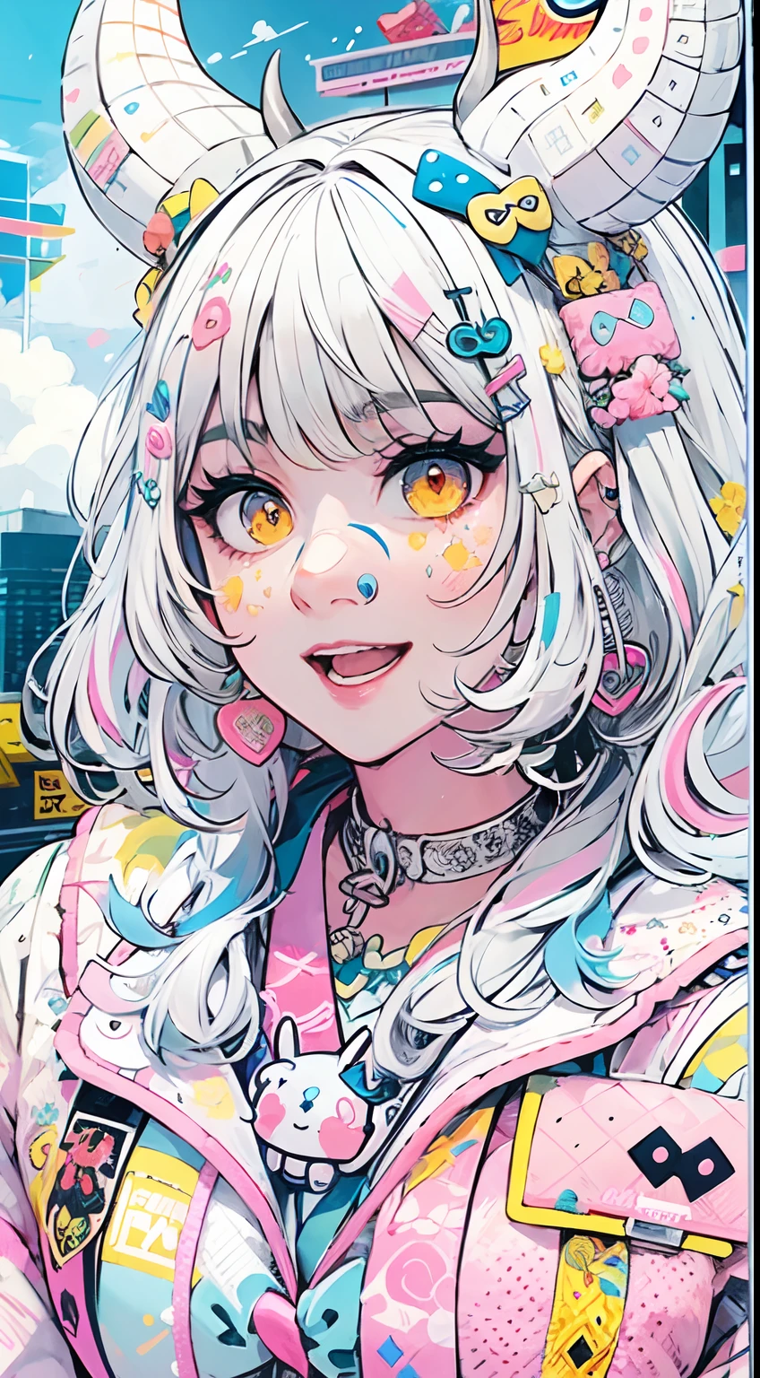 grayscales、grayscales、"kawaii, Cute, Adorable Lady in Pink, yellow, and baby blue color scheme. She wears sky-themed clothing with clouds and sky motifs. Her outfit is fluffy and soft, With decora accessories like hair clips. She embodies a vibrant and trendy Harajuku fashion style." White hair, Red Eyes, Horns, Demon Wings, Colossal tits,Big ass, Big lips, juicy lips, Huge hair, Smile