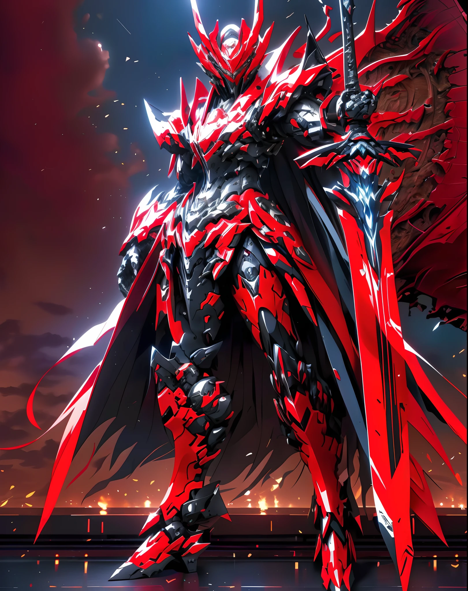 Anime characters wearing a red cloak and sword before the full moon, Badass anime 8 K, high quality warframe fanart, exquisite warframe fanart, Anime epic artwork, Anime art wallpaper 4 K, Anime art wallpaper 4k, anime mecha aesthetic, Onmyoji detailed art, detailed warframe fanart, High quality digital concept art, Dragon Knight, Red armor, (solo)