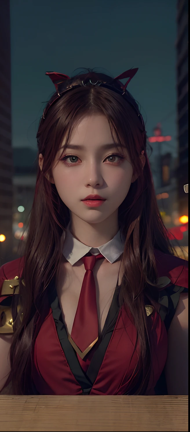 1girl, Tokyo Street, Night, Cityscape, City Lights, Upper Body, Close-up, 8k, RAW Photo, Best Quality, Masterpiece, Realism, Realism, Red Rose Headdress, Split Bangs, Short Hair, Big Waves, Anime - Wearing a Pink Dress, Anime Role Play, Glamorous Role Play, Anime Goddess, Role Play, Star Guardian, Anime Character; Half-body art, gorgeous cosplay, cosplay photos, Seraphim Ahri Keda, Salefini in League of Legends, Zodiac Girl Knight