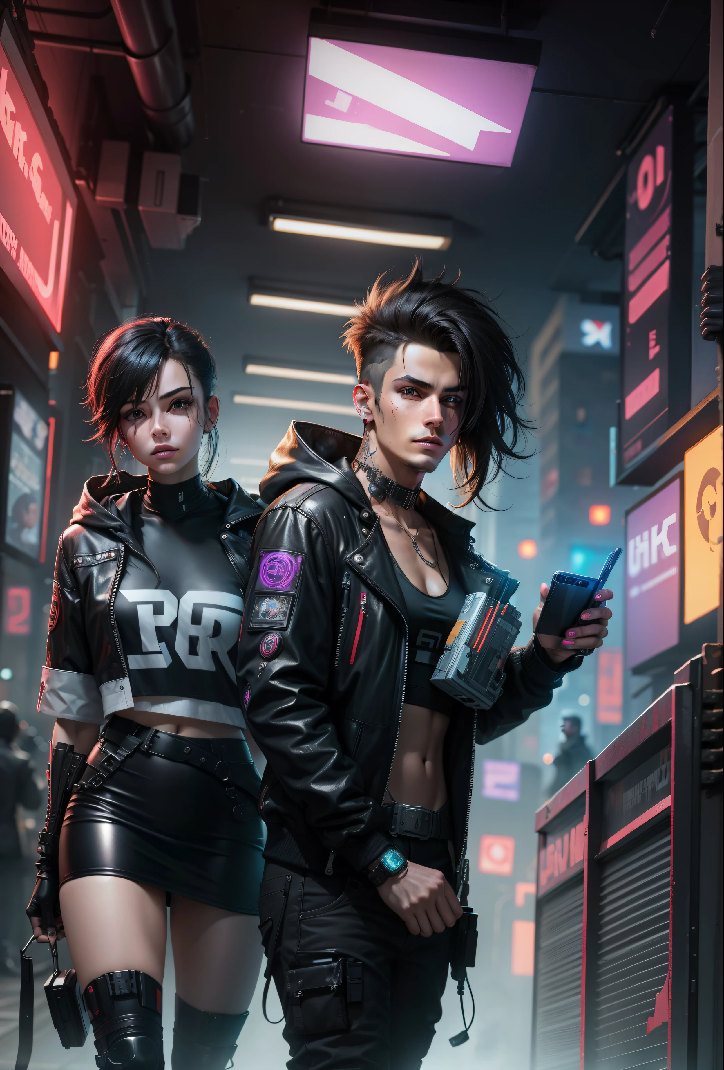 Background change, cyberpunk handsome boy friend and girlfriend,8k, realistic face,