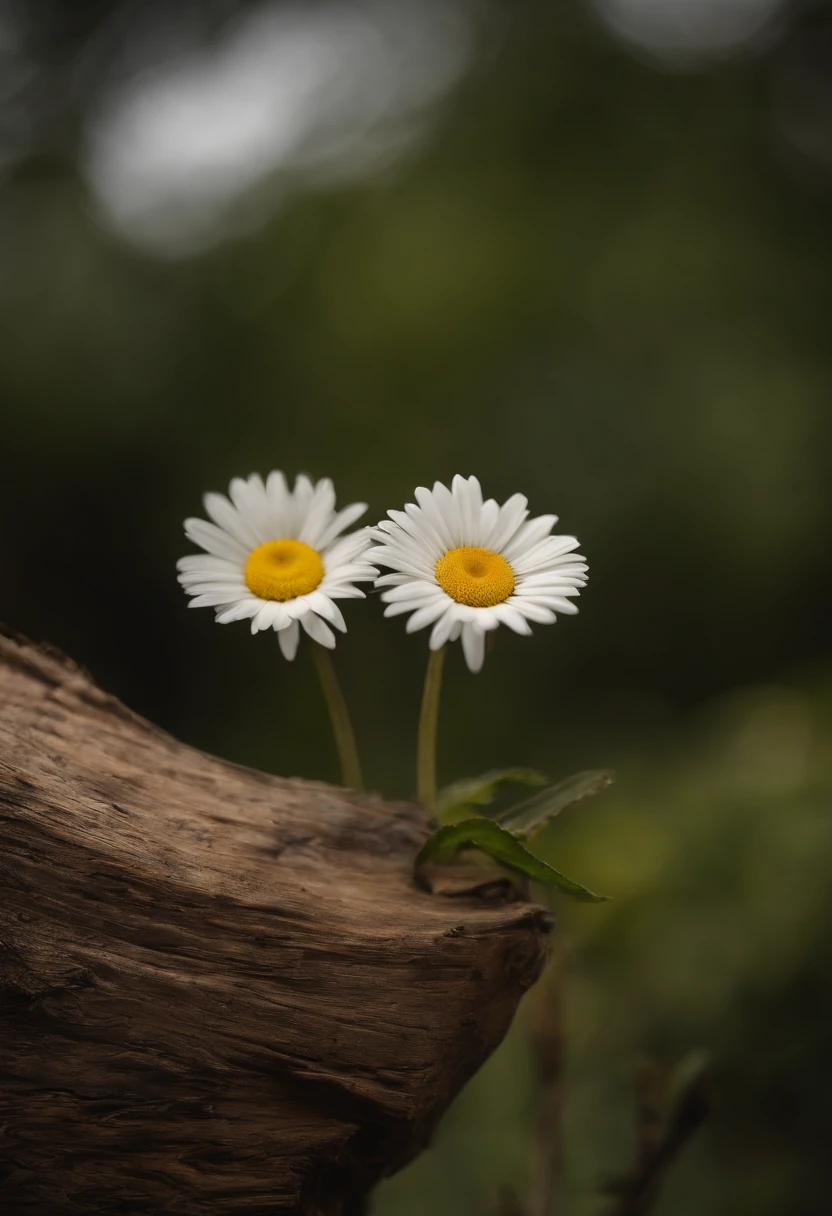 Product photography, skin care, a yellow bottle on a dead tree, small daisy, simple clean background, studio light, centered composition, close up, HD, 8K, surreal style, --ar 3:4 --v 5.2 --s 50