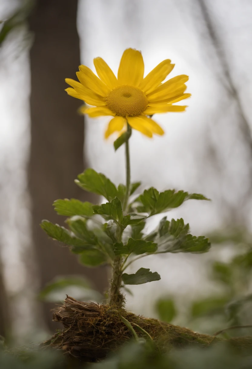 Product photography, skin care, a yellow bottle on a dead tree, small daisy, simple clean background, studio light, centered composition, close up, HD, 8K, surreal style, --ar 3:4 --v 5.2 --s 50