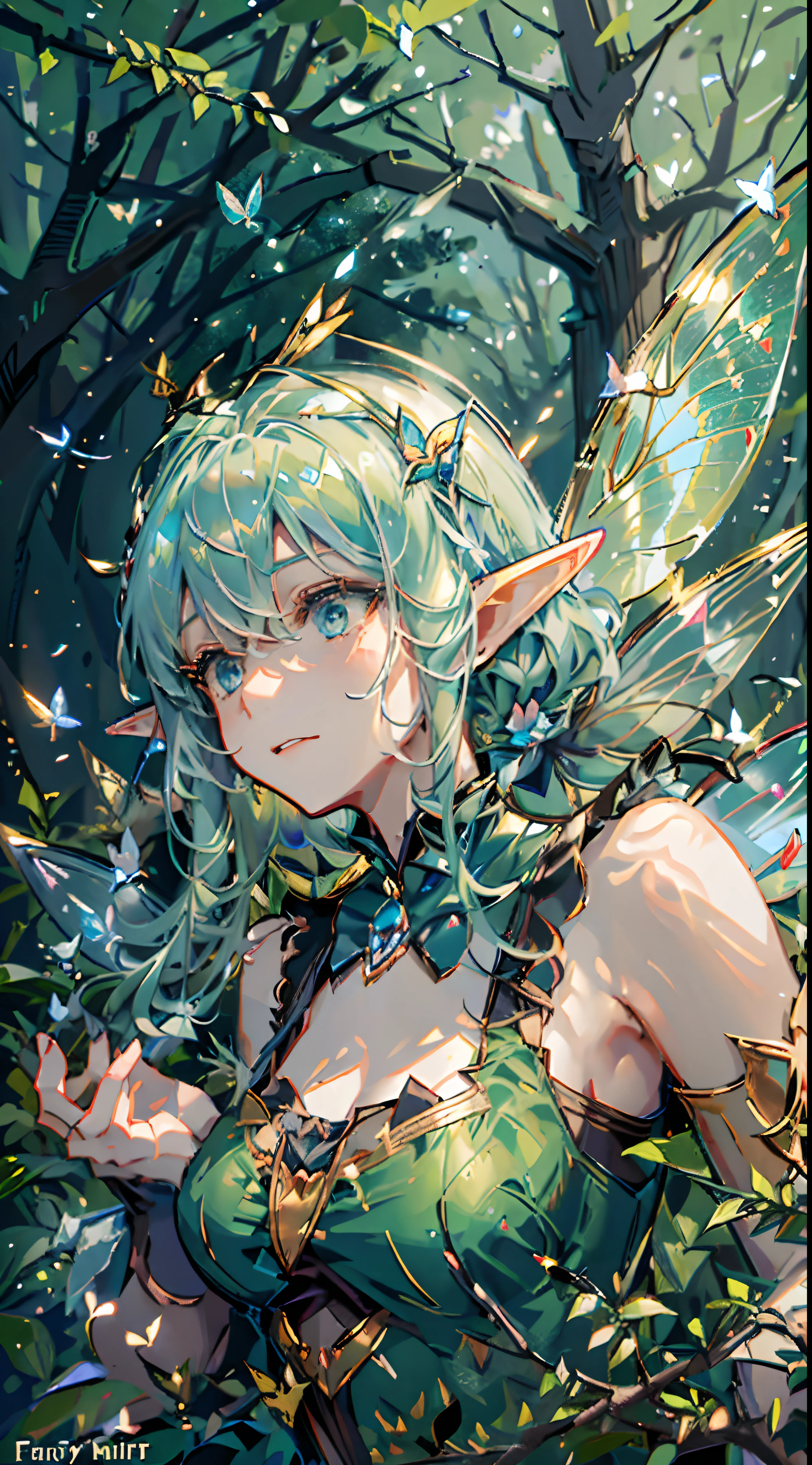 1 girl,solo,(floating and flying:1.2),(fairy_wings:1.6),(elf ears:1.3),(detached_wings:1.2),beautiful,(sparse forest),green hair,shining body,shining eyes,flying hair,visually stunning,beautiful,happy,rich facial expressions,(clear forest background),(in-flight:1.2),a white dress,multiple_wings,mini_wings,butterfly_wings,absurdres,pointy_ears,a small blue flower,