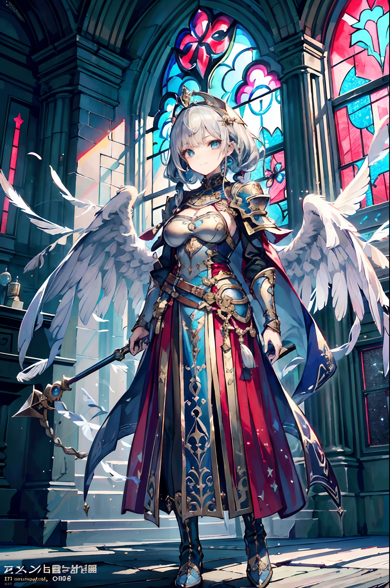 (Official art、Best Quality、Unity 8k Wallpapers、32K、masterpiece、ultra-detailliert、超A high resolution、The best illustrations、Very ridiculous:1.2)、(Cinematic lighting:1.2)、Fireglow effect、film grains、Best Shadows、Rim lighting、side lights、(Ultra-detailed and complex 3D rendering)、Detailed beautiful face and eyes、Sharp pupils、Realistic pupils、A slender、1Man Woman、Medium bust、(Full body:1.2)、 beauitful face、-yeld beiful girl、(super detailed skin、detailed skin textures:1.3)、(silver blond、Blue-silver hair:1.3)、Paladin、Longhaire、Blunt bangs、Green eyes、3 braids in 1 bunch、(Blue Armor、Blue Boots、Blue helmet、Jeweled、Gold embroidery)、A slender、Maxi skirt、(thighs thighs thighs thighs:0.8)、(chies、in a house、Artistic stained glass、Large pipe organ、Hello Point、Mystical、a lot of feathers float、angelicales、Particles of light、solemnity、Sunlight is、colourfull、Fantastical:1.2)、(Fantastical:1.3)、(Holding the Holy Sword:1.0)、Fantastical、Smiling smile