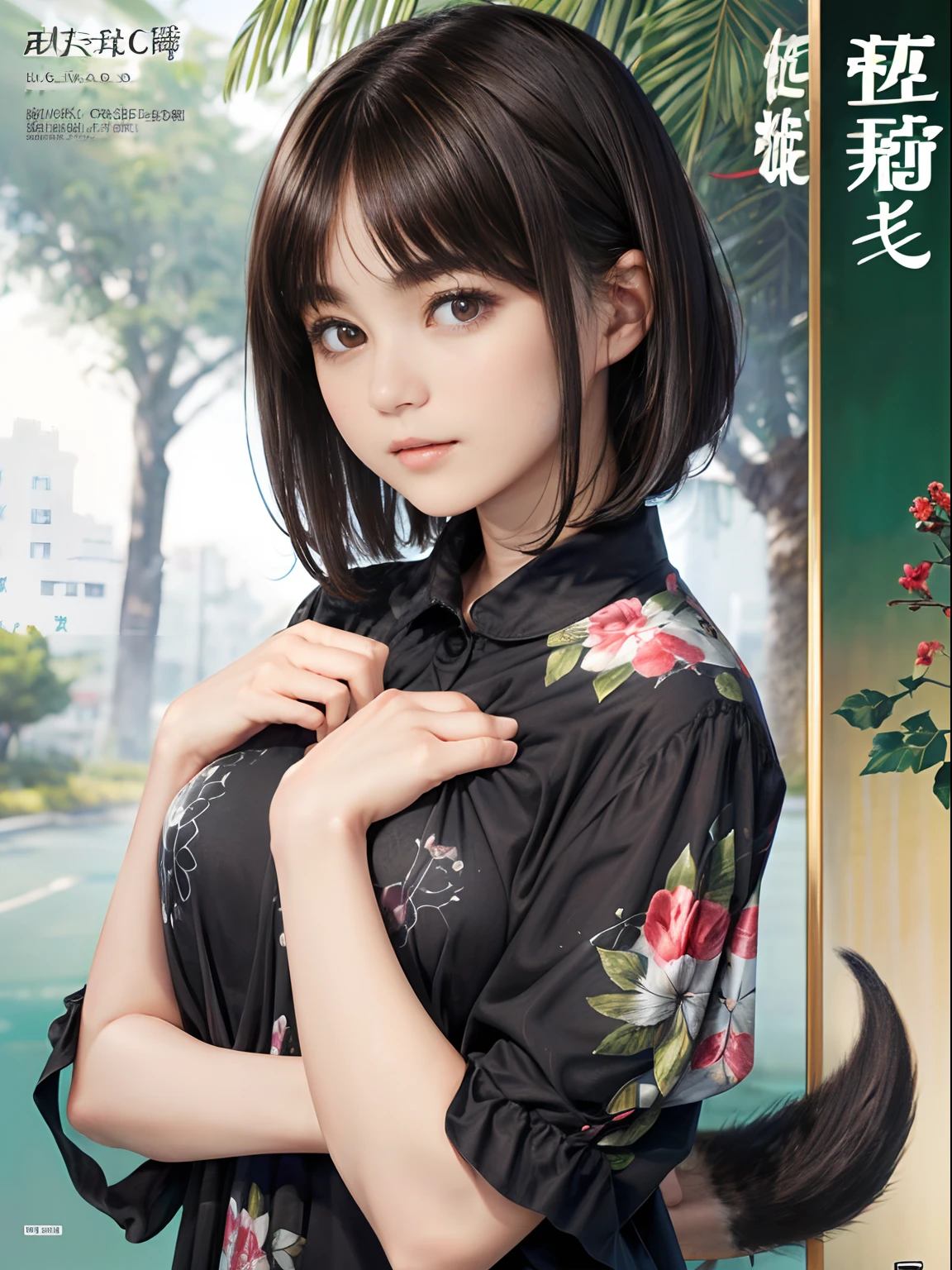 61
(a 20 yo woman,is standing), (A hyper-realistic), (masutepiece), ((A dark-haired、short-hair:1.3)), (Silky hair), (Breast), (Gentle expression), (Clothing printed with wild animal characters)