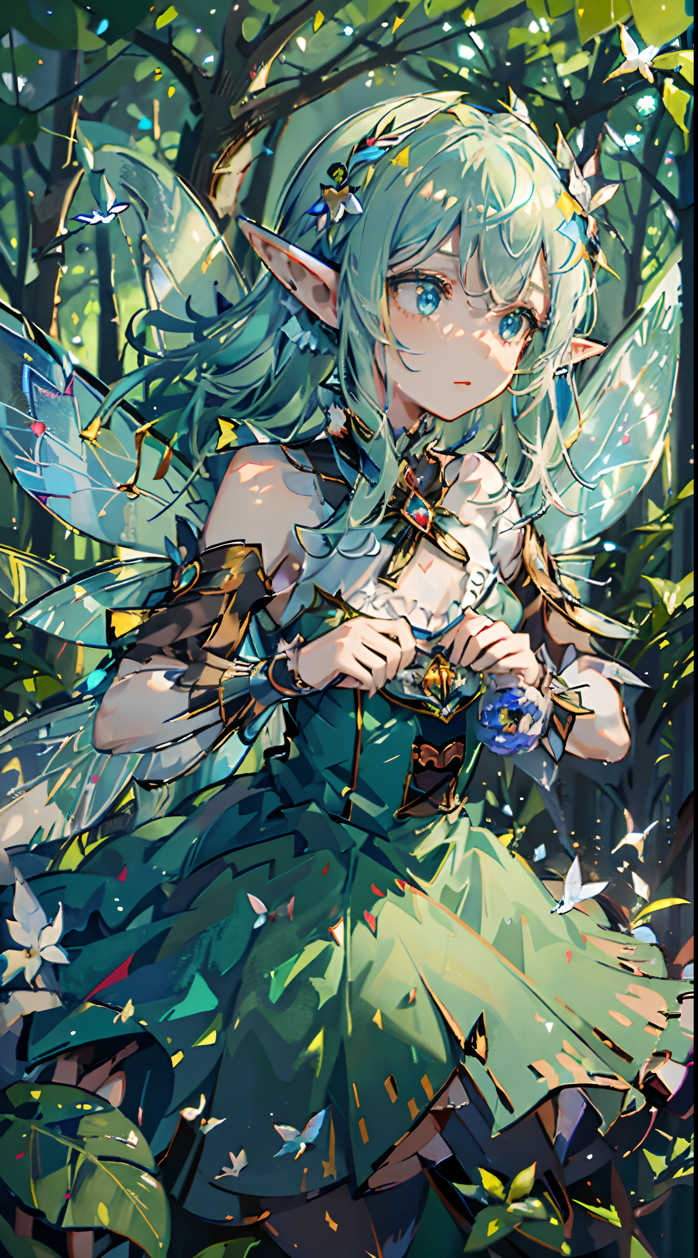 1 girl,solo,(floating and flying:1.2),(fairy_wings:1.6),(elf ears:1.3),(detached_wings:1.2),beautiful,(sparse forest),green hair,shining body,shining eyes,flying hair,visually stunning,beautiful,happy,rich facial expressions,(clear forest background),(in-flight:1.2),a white dress,multiple_wings,mini_wings,butterfly_wings,absurdres,pointy_ears,a small blue flower,