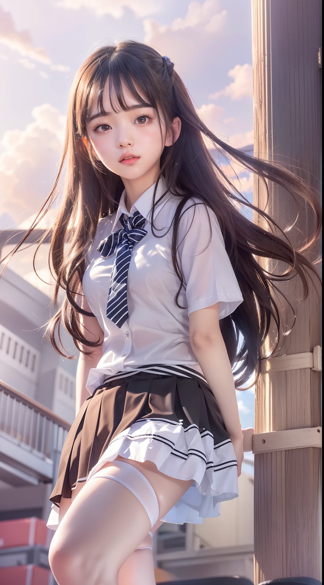 a girl leaning on the brick wall and standing with her back against it, 1girl, solo, smile, black hair, skirt, looking at viewer, long hair, arms up, school uniform, short sleeves, navel, pleated skirt, black skirt, shirt, white shirt, grin, serafuku, neckerchief, cowboy shot, brick wall