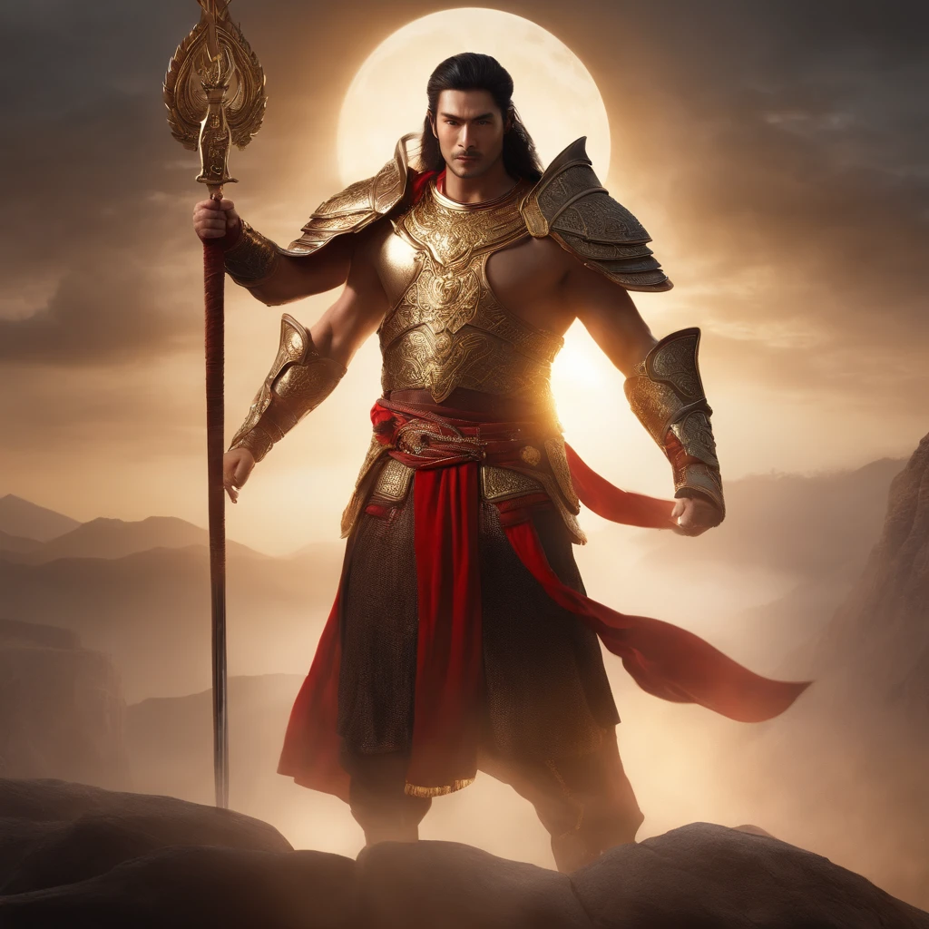 A burly figure、Tall and strong man,The face is handsome,Hair is often draped,Long and black,Sometimes he wears an official hat,The eyes are sharp and alert,Sometimes there is a majestic gaze。Zhao Gongming's face is usually young and beautiful,Full of masculinity,Wear a battle robe or armor,to highlight his warrior status,Wearing a long sword or knife,Represents his strength and majesty as a martial god,The robe is bright red with gold,Symbolizes victory and power,The limbs are muscular,Powerful and robust,The body is full of vitality and strength,One full of power and majesty、Handsome and mighty image of the god of war,In an elegant and imposing posture, Watch the camera ascend into the sky;), Sparkling white magic all around, Brightness control, Light spacing, Light spells), High quality fantasy stock photo, Fantasy Style 8k Octane Rendering, elden ring cinematic lighting, (octan render) estilo fantasia, Unreal Motor renders Saint Seiya, picture of a male cleric, Theatrical epic cinematic lighting, Biblical epic movie, Fantasy character octane rendering, Epic scenes of Jesus Christ