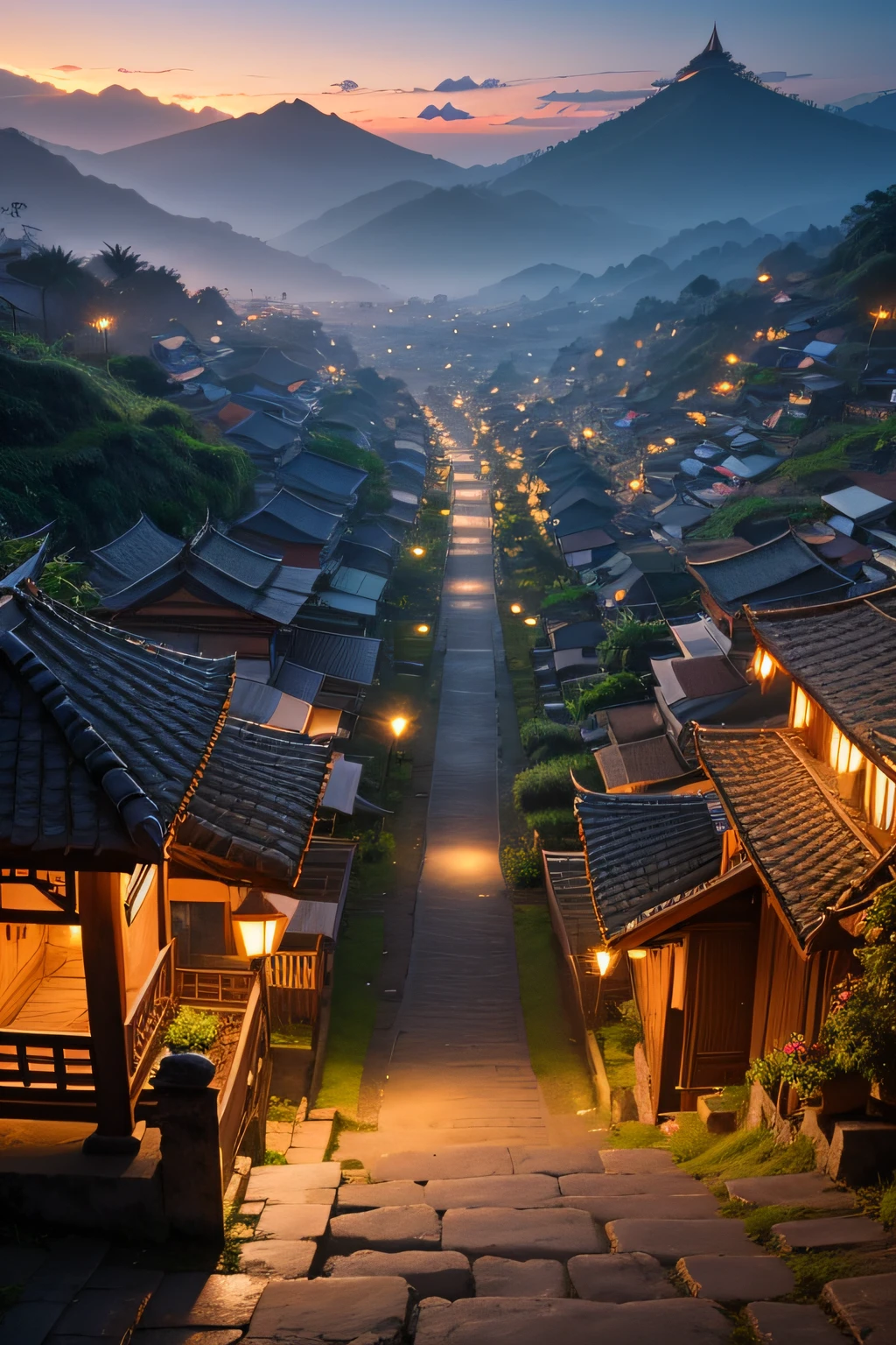 Balinese village at dusk,The background is Wallano in the Matese style, Ultra photo realsisim, temples, fores