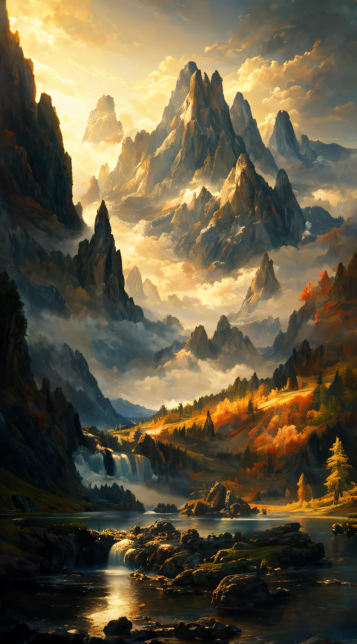 photo of a mountain scene with a lake and a mountain and a beach in the dark clouds background, lots of waterfalls, inspired by Thomas Moran, mountainscape, misty mountains, detailed digital painting, detailed soft painting, inspired, soft digital painting, high detail digital painting, low detailed. digital painting, painted in high resolution, 8 k resolution digital painting, 8k resolution digital painting, detailed painting 4 k, hyper realism