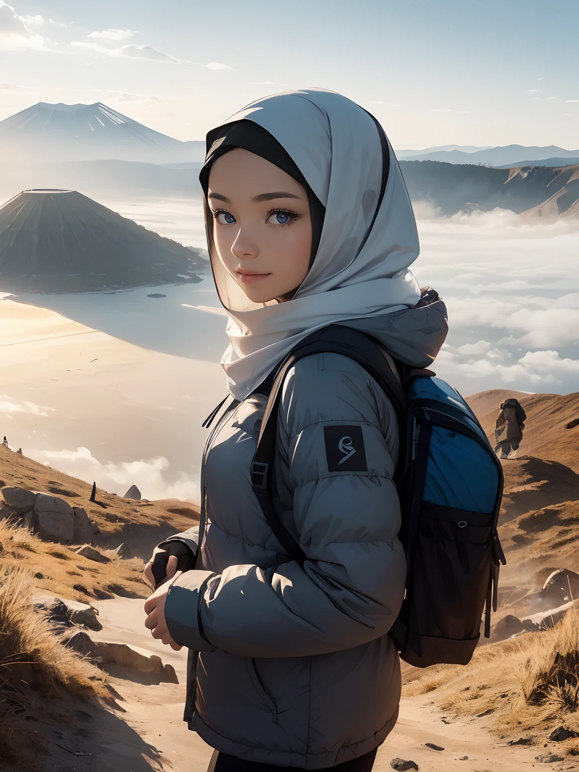 ((Top Quality, 8k, Masterpiece: 1.5)), indonesian Woman (1, 19 years old, smile, very detailed face and skin and hair texture, detailed blue eyes, double eyelids, white skin, beautiful delicate nose, wearing hijab, parka wearing), overhead camera, sharp focus: 1.2, while emphasizing the subject's eyes, mouth, action The composition is pleasing to the eye and thought-provoking. ⠀
ground, outdoor, wonderful sunrise view at mount bromo, nature, cheerful, wind, happy, backpack, tent, bonfire, forest, river, foggy atmosphere, shadow, contrast, clear sky, grey background, (warm shades, warm tones), pleasant to the eye, while exuding melancholy emotions, characterized by a contrasting mix of calm tones and light and shadow, with dynamic angles, It is a thought-provoking composition.