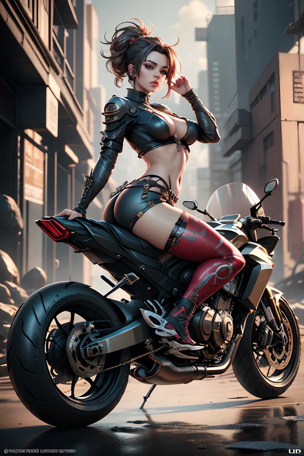 a female on top of a motorcycle, in the style of cloudpunk, commission for, animecore, hopi art, desertpunk, dystopianpunk, 32k uhd, travel, Piratepunk, Beautiful D&D Character Portrait, Beautiful Face, Ominous, Dark Fantasy, Fiverr Dnd Character, Octane Render, Digital Art, Extreme Detail, 4k, Ultra Hd, Polished, Beautiful, Hyperdetailed, Intricate, Elaborate, Meticulous, Photorealistic, Sharp Focus, Wlop, Character Design, Unreal Engine, 3d Rendered, Volumetric Lighting, Reflections, Glossy, Digital Illustration, Sensual Pose, Suggestive Pose, Full Body Shot, 💖❤💕💋❣