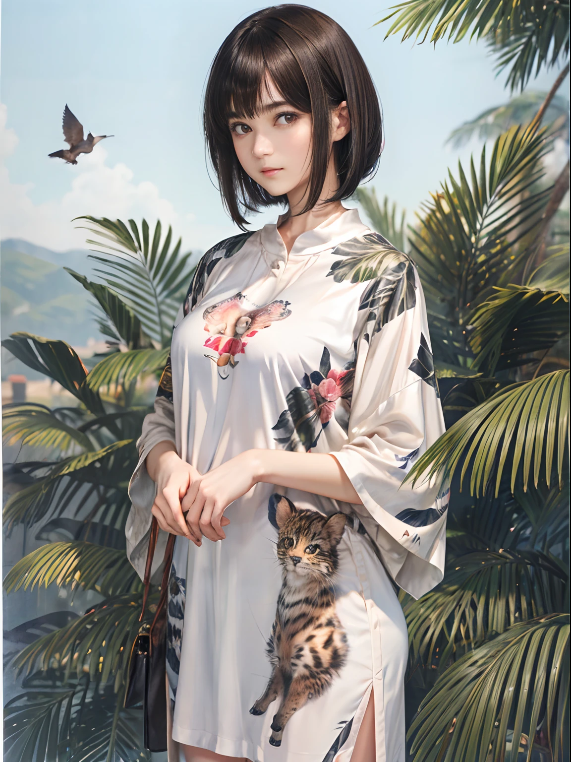 61
(a 20 yo woman,is standing), (A hyper-realistic), (masutepiece), ((A dark-haired、short-hair:1.3)), (Silky hair), (Breast), (Gentle expression), (Clothing printed with wild animal characters)