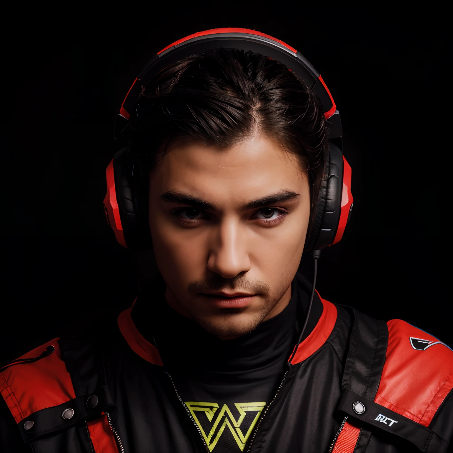 RAW, 500R, (masterpiece), best quality, burst of colors, deep black background, guy logo with gaming headset, vibrant style, high contrast, sharp details, accent on "young logo