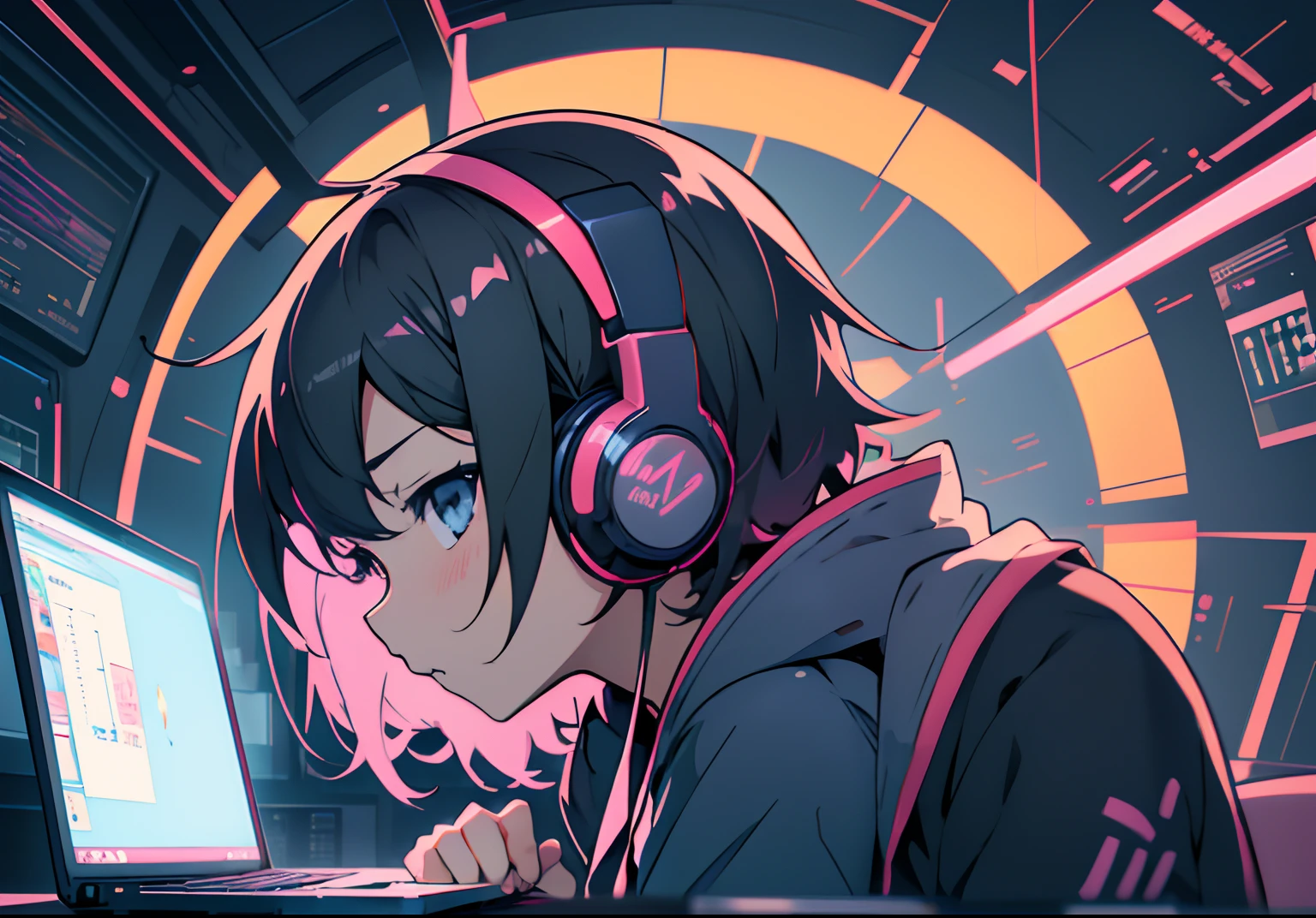 Anime girl with headphones operating laptop in dark room, lofi portrait, lofi-girl, anime style 4 k, anime vibes, digital anime illustration, nightcore, lofi artstyle, anime moe art style, 4k anime wallpaper, Anime art wallpaper 8k, High quality anime art style, anime art wallpaper 4k, anime art wallpaper 4k