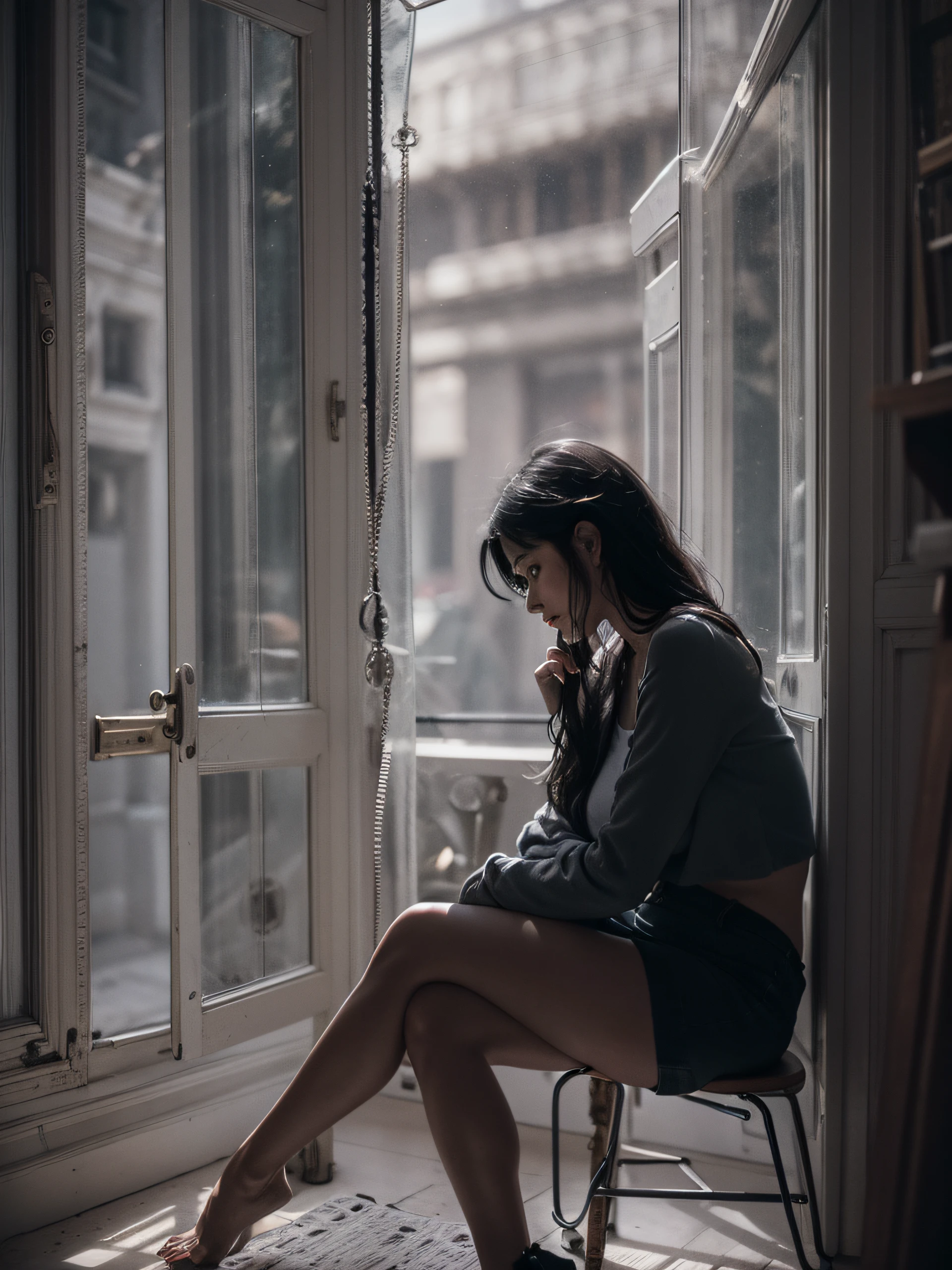 (Monochrome photography:1.5),(The monochrome world of the 80s:1.3),Beautiful single woman with very gorgeous black hair, (room with atmospher:1.5), (She is lonely:1.3), (sideshot:1.5), medium shot, Super delicate,surrealistic,depth of fields, Backlighting, viewfinder, Sony FE GM, nffsw, masuter piece, Anatomically correct, high details,Antique atmosphere,(Looking out of the room sadly)