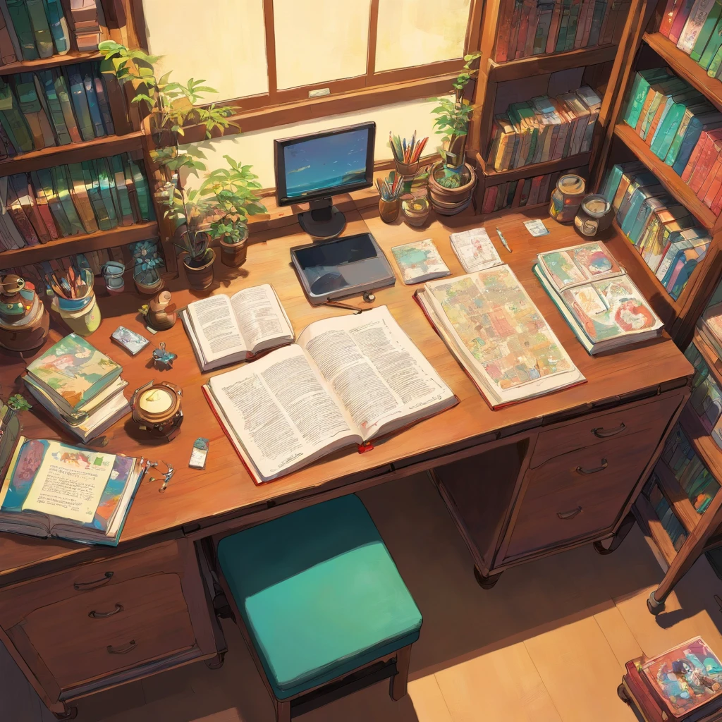 a desk, Viewed vertically from above, books, Uninhabited, Seeing up close