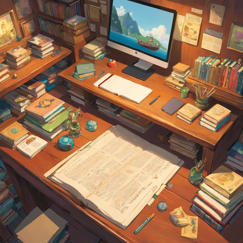 a desk, Viewed vertically from above, books, Uninhabited, Seeing up close