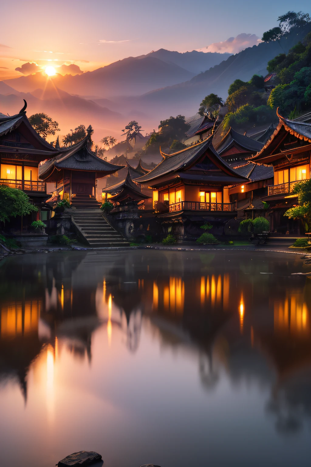 Balinese village at dusk,The background is Valano in the Matai style, Ultra photo realsisim, temples, fores