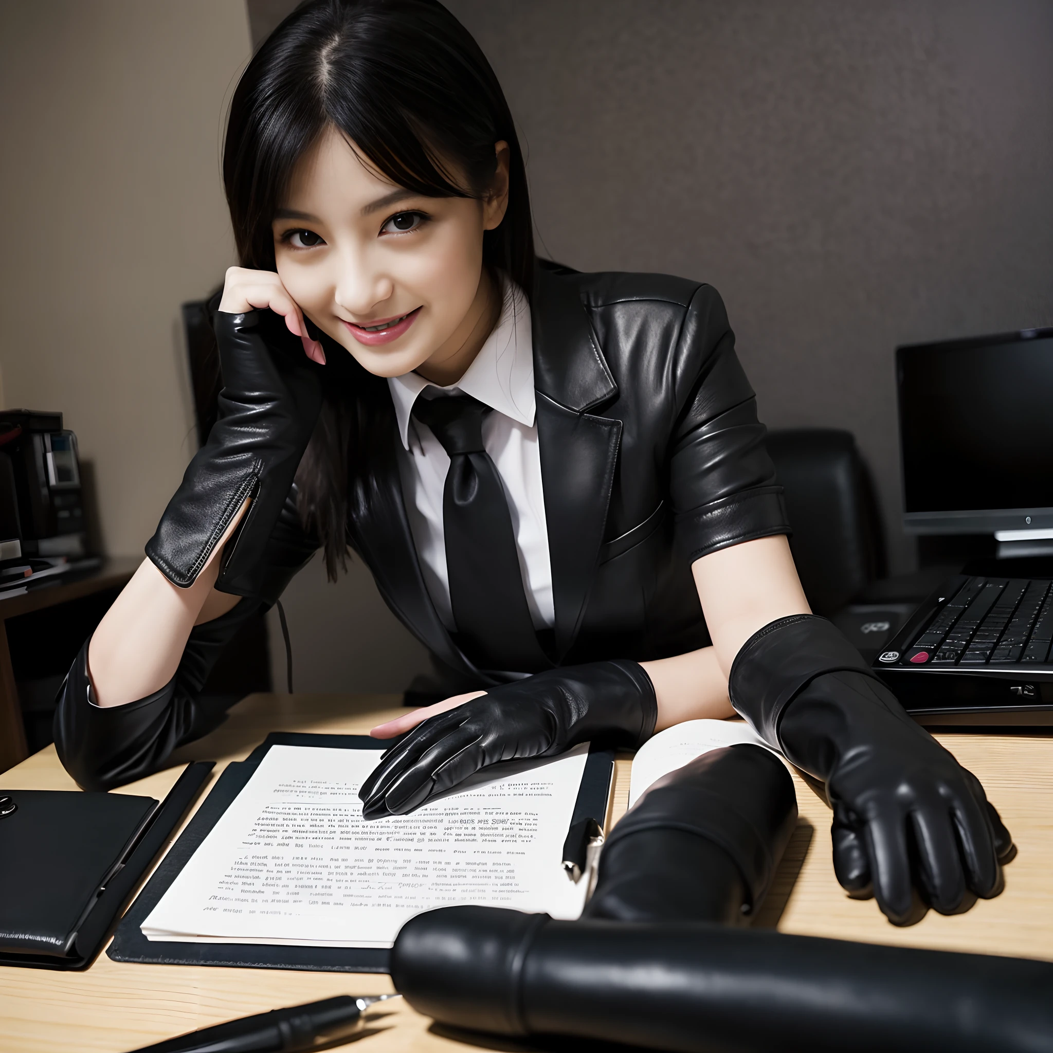 Wearing black leather gloves on both hands, Upper body, Black business suit, Facing the desk in my room with a computer in the dark, Look down and smile, Use a fountain pen to write a letter, Black hair was tied back for a long time, Female new employee with young and very cute Japan (Black leather gloves cover both hands)Gentle smile looking at the camera、Work with black leather gloves with both hands