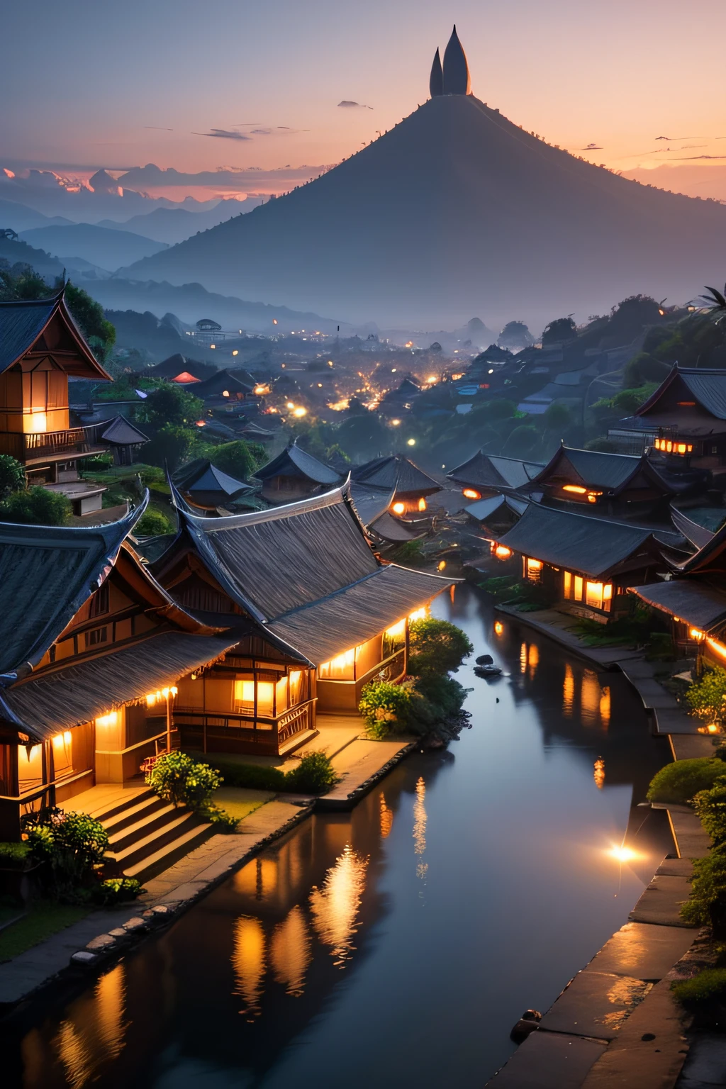 Balinese village at dusk，The background is Valano in the Matai style, Ultra photo realsisim, temples, fores