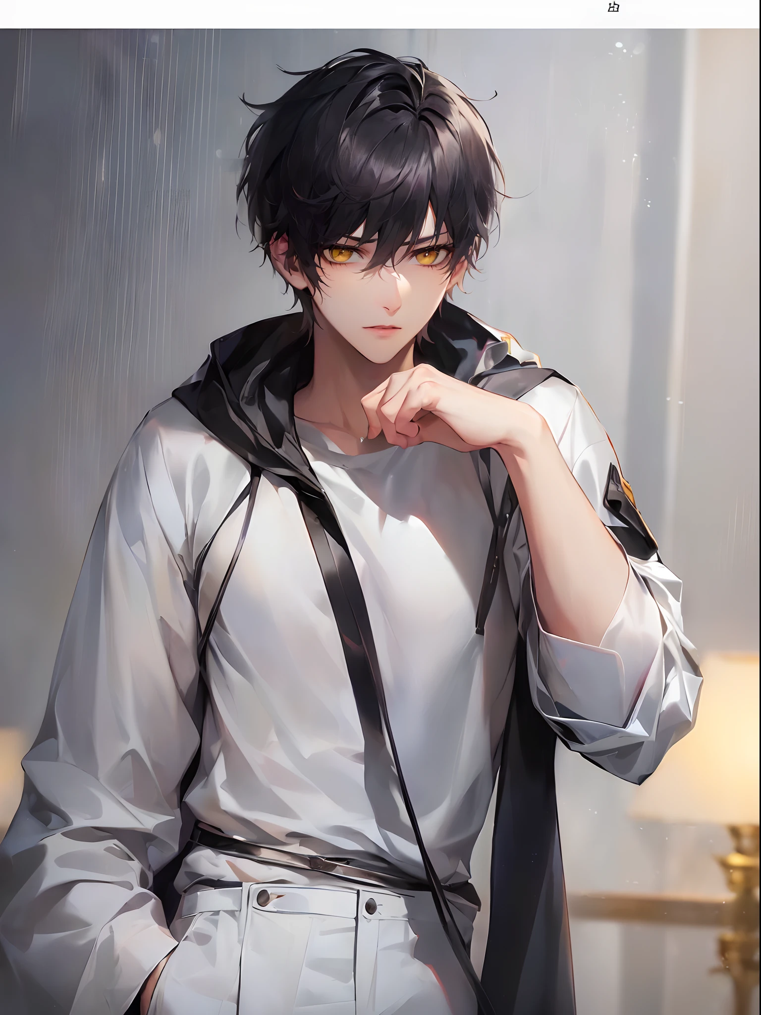 (4K works))、masterpiece、(top-quality)、((Gray wallpaper background))、Taking Artist Photos、the cover of the album、Model photo、Korean Male、Adult male、((Adult 26 years old))、((Adult older brother))、((Face similar to Hyun Jin))、Cool Men、tall、((Troubled expression))、((Strong eyes))、((Wearing a white T-shirt and a hooded black jacket、White long trousers))、((Long sleeve long trouser style))、((smaller face))、Slim body、((hooligan))、((Black short-haired))、((Yellow eyes))、((shot from front))、((Pose with hands on the head))、((Artist Photos))、((Shot alone))、((Solo Photography))、Professional Photos、((Focus zoom in))、((Upper body photography))、((Face enhancement))