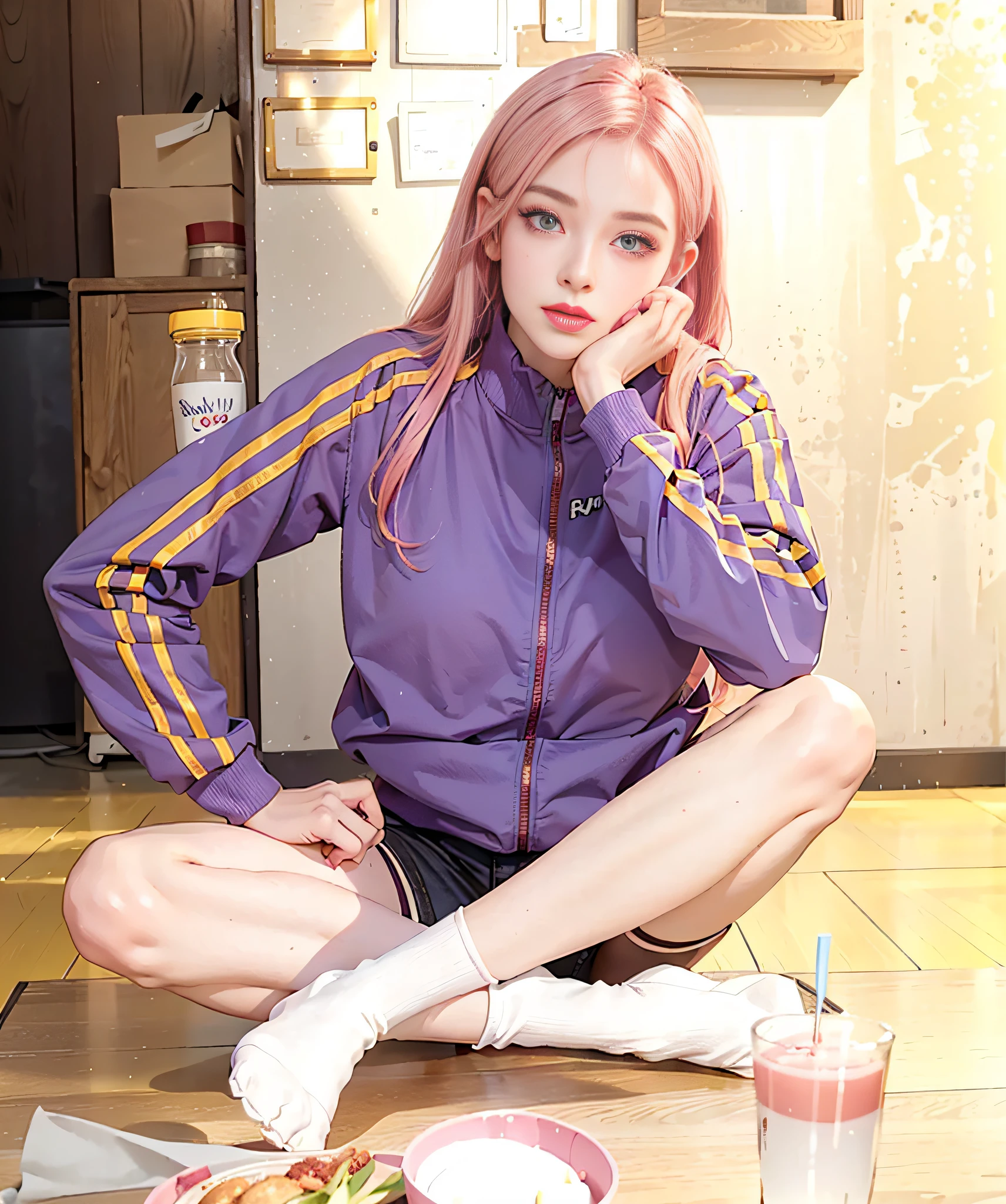 a close up of a woman with red eyes colour, serious face, beautiful haired girl, pink hair, pink hair,, high quality, full body, (photorealistic:1.4), raw photo, 1girl, looking_at_viewer, makeup, solo, light smile,shadows, contrast, analog style (look at viewer:1.2) (skin texture) (film grain:1.3), (warm hue, warm tone:1.2), close up, cinematic light, sidelighting, ultra high res, best shadow, RAW, RAW photo, a 22-year-old, lipstick, soft lighting, high quality, ((soft lighting:1.4),(pale skin:1.4), highres, sharp focus, extremely detailed, (spotlight), stage, beautiful detailed eyes, masterpiece, cinematic lighting, dslr, Fujifilm XT3,