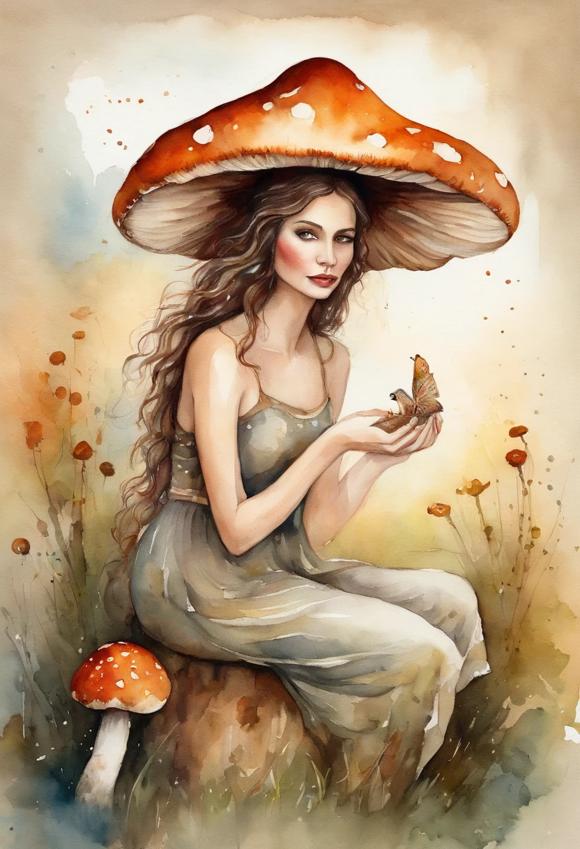 woman, round face, cheeks, brown eyes, arched nose, fairy, sitting on spotted mushroom