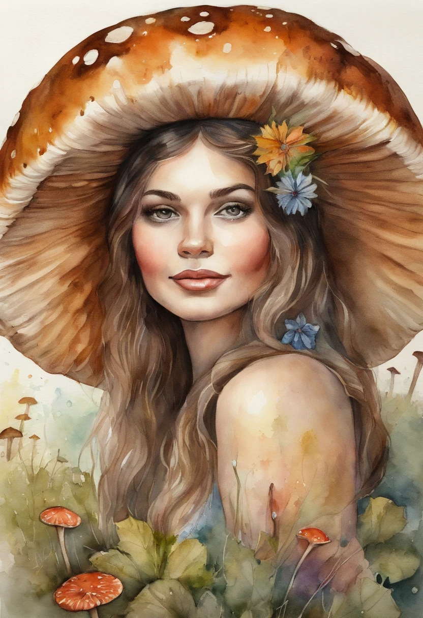 woman, round face, cheeks, brown eyes, arched nose, fairy, sitting on spotted mushroom