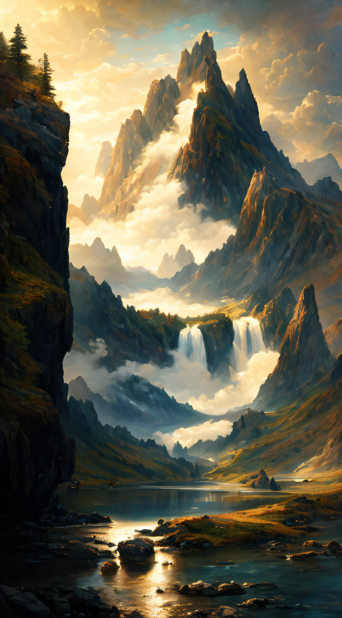 photo of a mountain scene with a lake and a mountain and a beach in the dark clouds background, lots of waterfalls, inspired by Thomas Moran, mountainscape, misty mountains, detailed digital painting, detailed soft painting, inspired, soft digital painting, high detail digital painting, low detailed. digital painting, painted in high resolution, 8 k resolution digital painting, 8k resolution digital painting, detailed painting 4 k, hyper realism