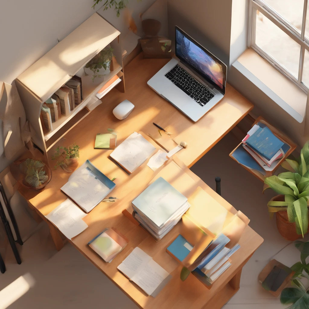 a desk, Viewed vertically from above, books, Uninhabited, Seeing up close