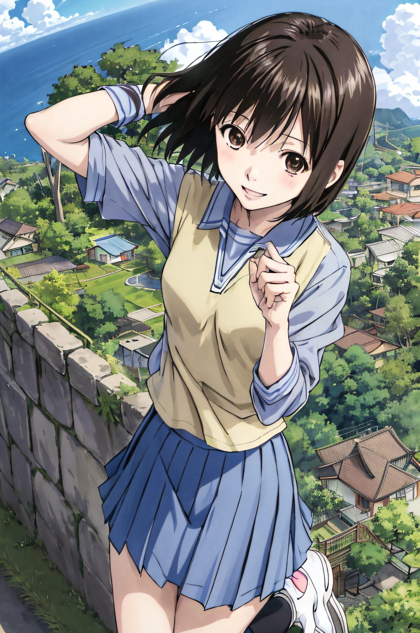 nakahara_misaki、two-tone shirt、a miniskirt、mare、a park、、The best smile、lonely、Blue theme、beatiful backgrounds、looking-down、on a cliff、Panties are visible、Fluttering skirt、Fantastic background