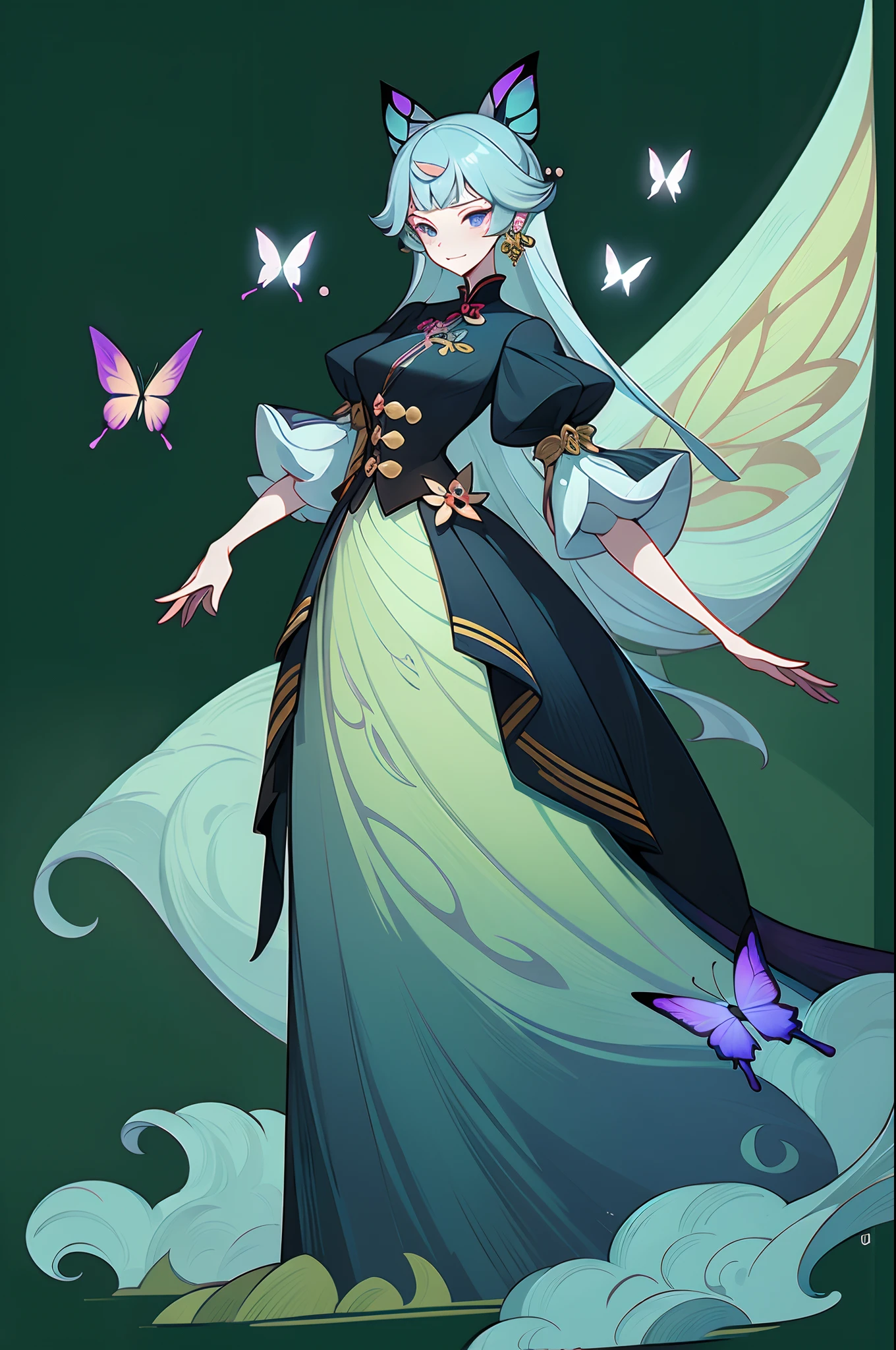 (1 Anthropomorphism of butterflies), (standing full-body), (Full body standing painting), 1 Princess，(standing full-body)，独奏, long  skirt，character  design, fanciful, tmasterpiece，top Quority，best qualtiy，超高分辨率，Exquisite facial features