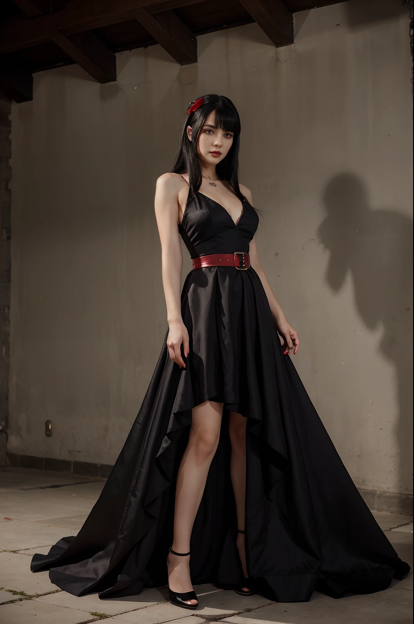 Female vampire, full body shot, elegant dress, garterbelt, black hair with red streaks,