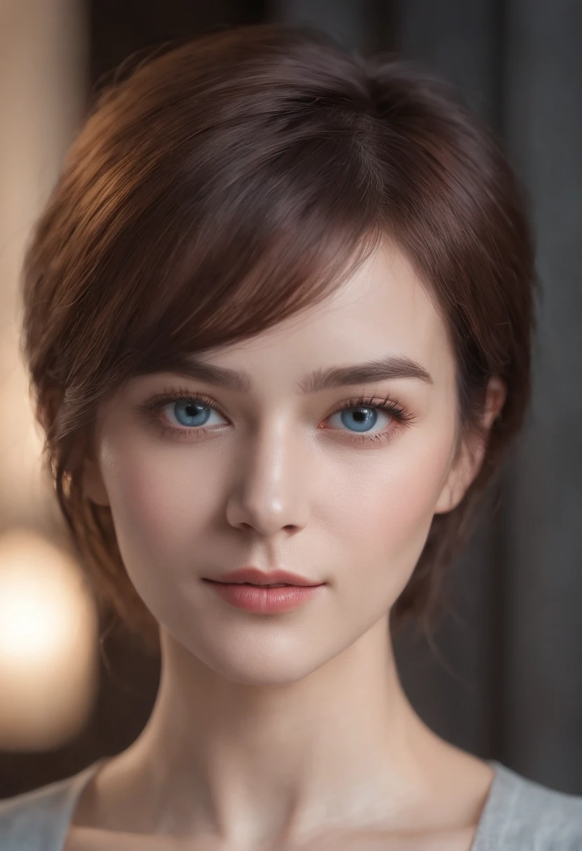 of a real, Facial features are meticulously painted, Realistic skin texture, There is a scar on his face, closeup cleavage, head portrait, sullenness, Blue eyes, Short-cut hair of maroon color, depth of fields, Dynamic blur, Highlight, Real Light, Ray Leeching, OC rendering, Hyper-realistic, Best Quality, 8K, Works of masters, super-fine, Detailed pubic hair, Correct anatomy, sharp focus on eyes, Facial features are carefully drawn
