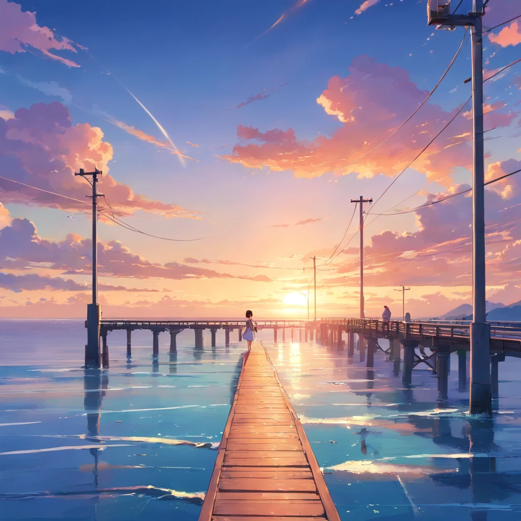 8K, Best Quality, masutepiece, Scenery,pier,wharf, Sea, seaside, utility pole, A long stone bridge stretching to the sea, a panoramic view, Jet flying in the sky leaving two white air trails. Blue sky, Sunset, evening, Coral reefs by the sea