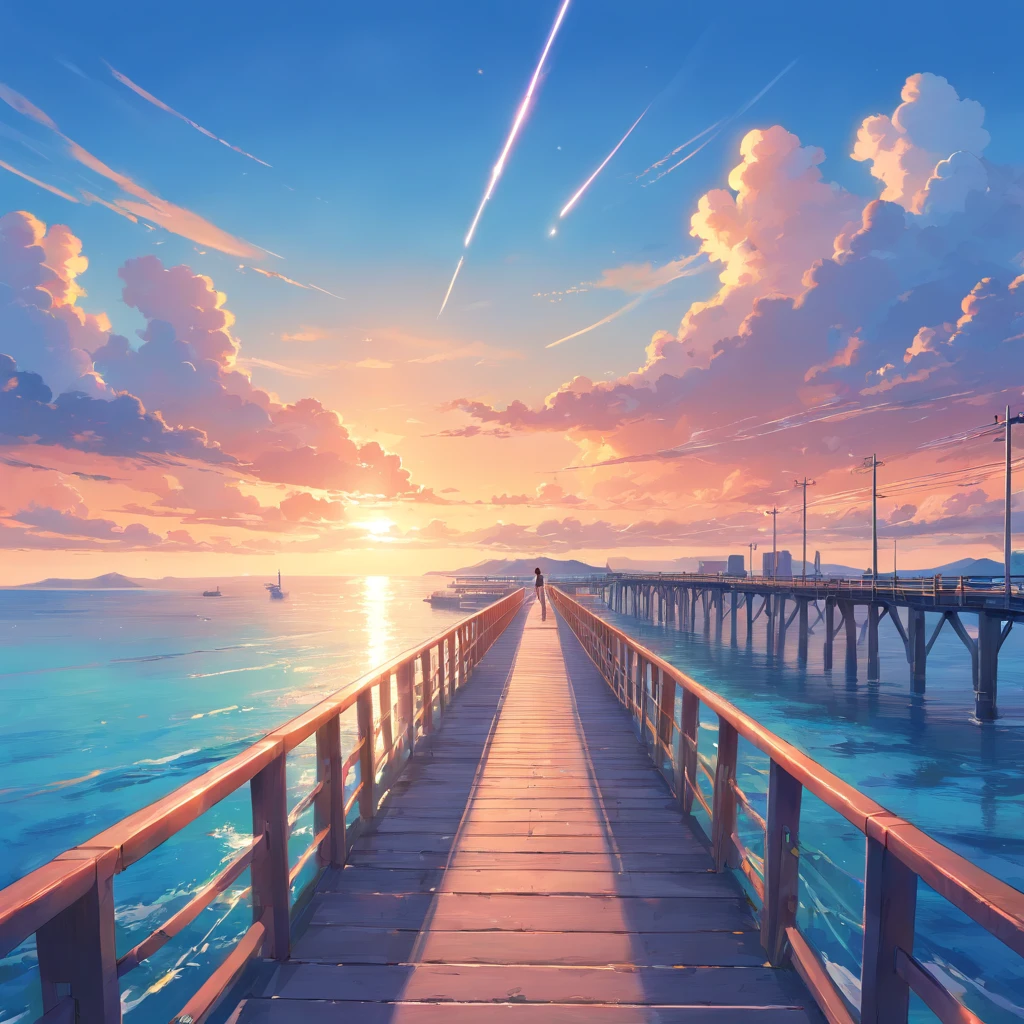 8K, Best Quality, masutepiece, Scenery,pier,wharf, Sea, seaside, utility pole, A long stone bridge stretching to the sea, a panoramic view, Jet flying in the sky leaving two white air trails. Blue sky, Sunset, evening, Coral reefs by the sea