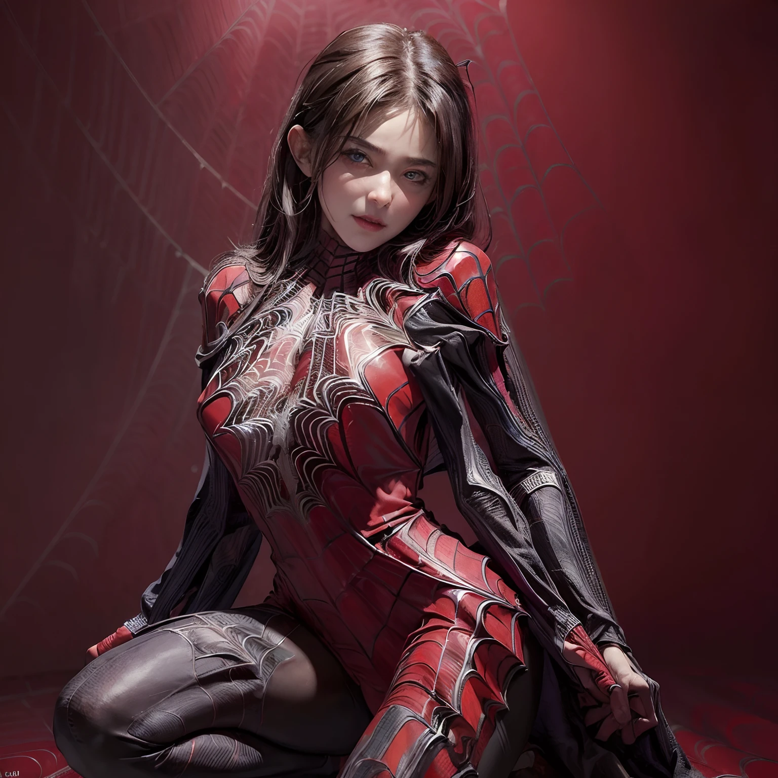 (masutepiece:1.3, Photorealsitic:1.4, 8K), top-quality, masterpiece, 超A high resolution, Perfect dynamic composition, Highly detailed skin and facial texture:1.3, A detailed eye, Detailed limbs, Dense city background:1.1, 1girl in, Cute sexy 25 year old slim woman, Fair skin, tilt the neck, (((Restrain hands in front of the chest:1.0, Bondage:1.0))), ((Naked:0.9)), ((Huge chest on the verge of bursting:1.0, gigantic cleavage:1.1)), (embarrassing smile:0.9, Totally captivates you:0.9), (Wearing bright red leather high collar off-shoulder bodysuit:1.2), (Beautiful blue eyes, Eyes that feel beautiful eros:0.85), Sexy face:0.4, red blush:1.1, (A mouthfeel that feels beautiful eros:0.85), ((show off groin, crouching cowgirl, Thighs connected by spider thread:1.3, Wide spread legs)), Professional camera work, Grow Light Effect, ((gros-plan)), ((Too erotic:0.9)), (((The whole body is wrapped in a spider web:1.5)))