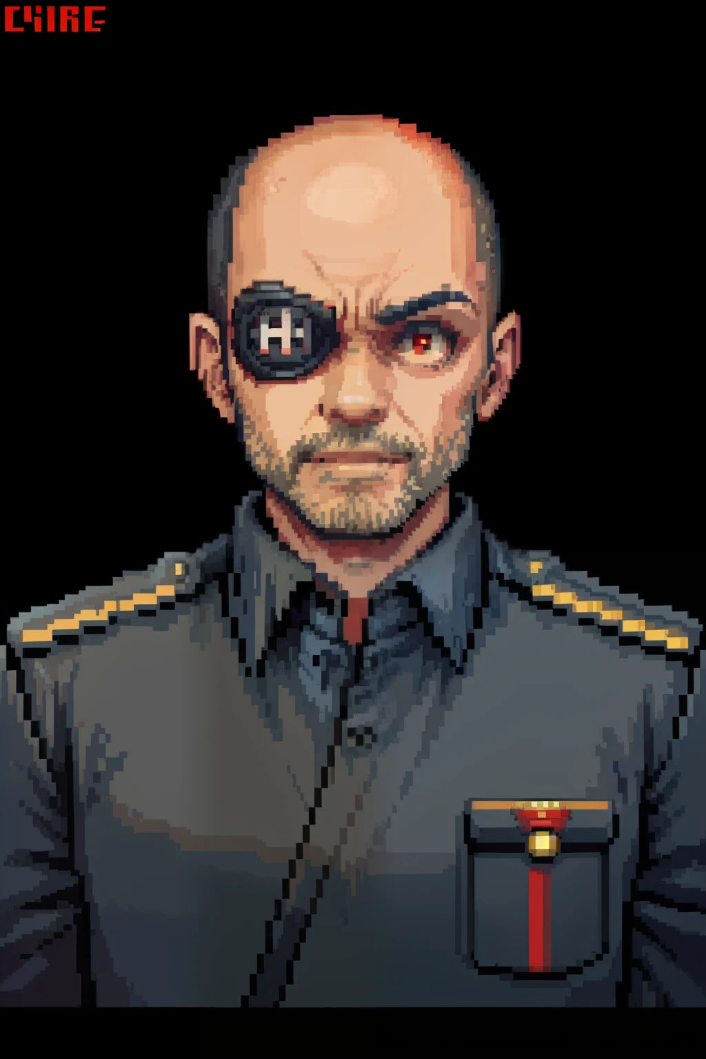 ((In the style of pixel art)), pixel, 4-bit pixel art, Bald man with red eye patch in Soviet uniform, black backdrop, Ultra-detailed pixel art